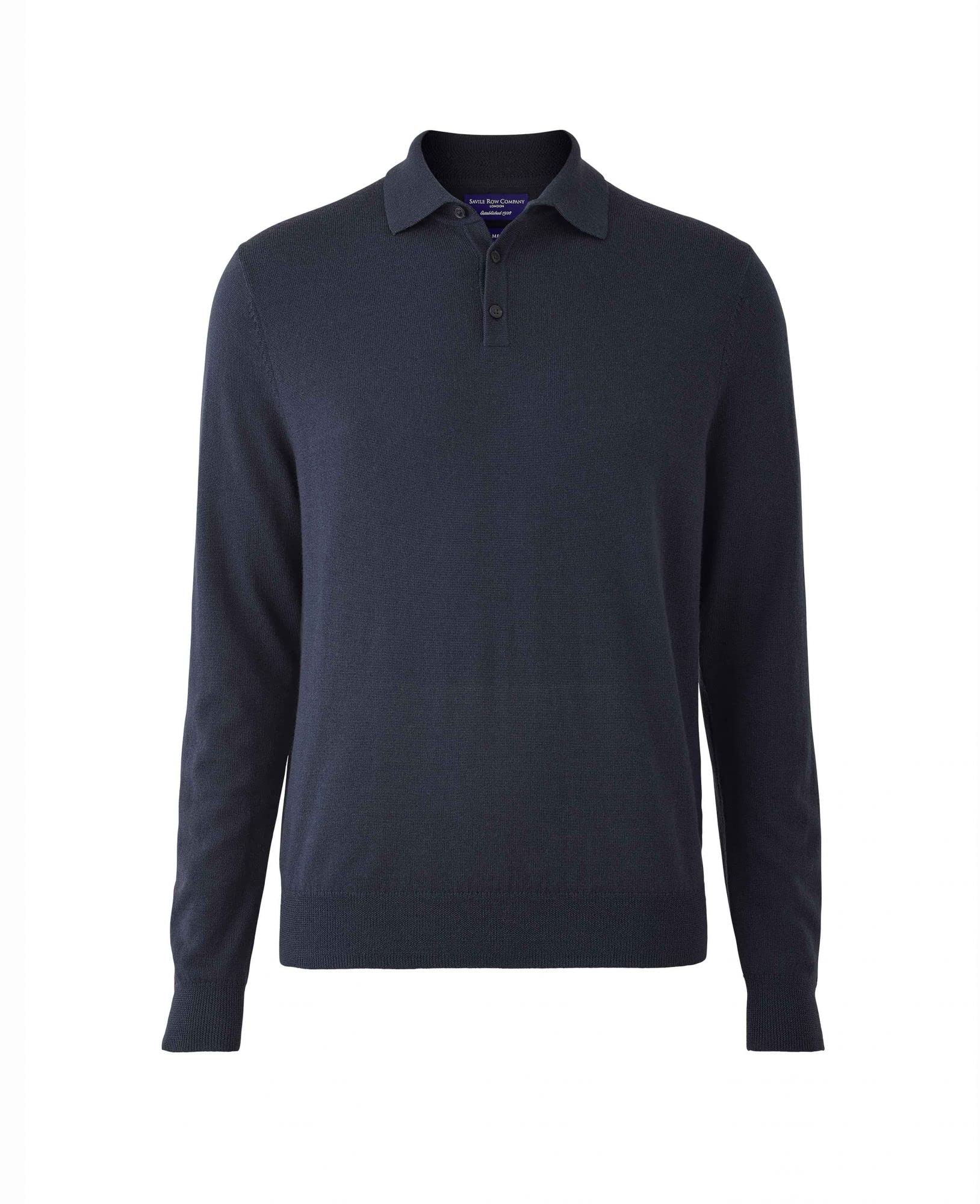 The Savile Row Company London Men's Navy Merino Wool Knitted Long Sleeve Polo Shirt - Xxl