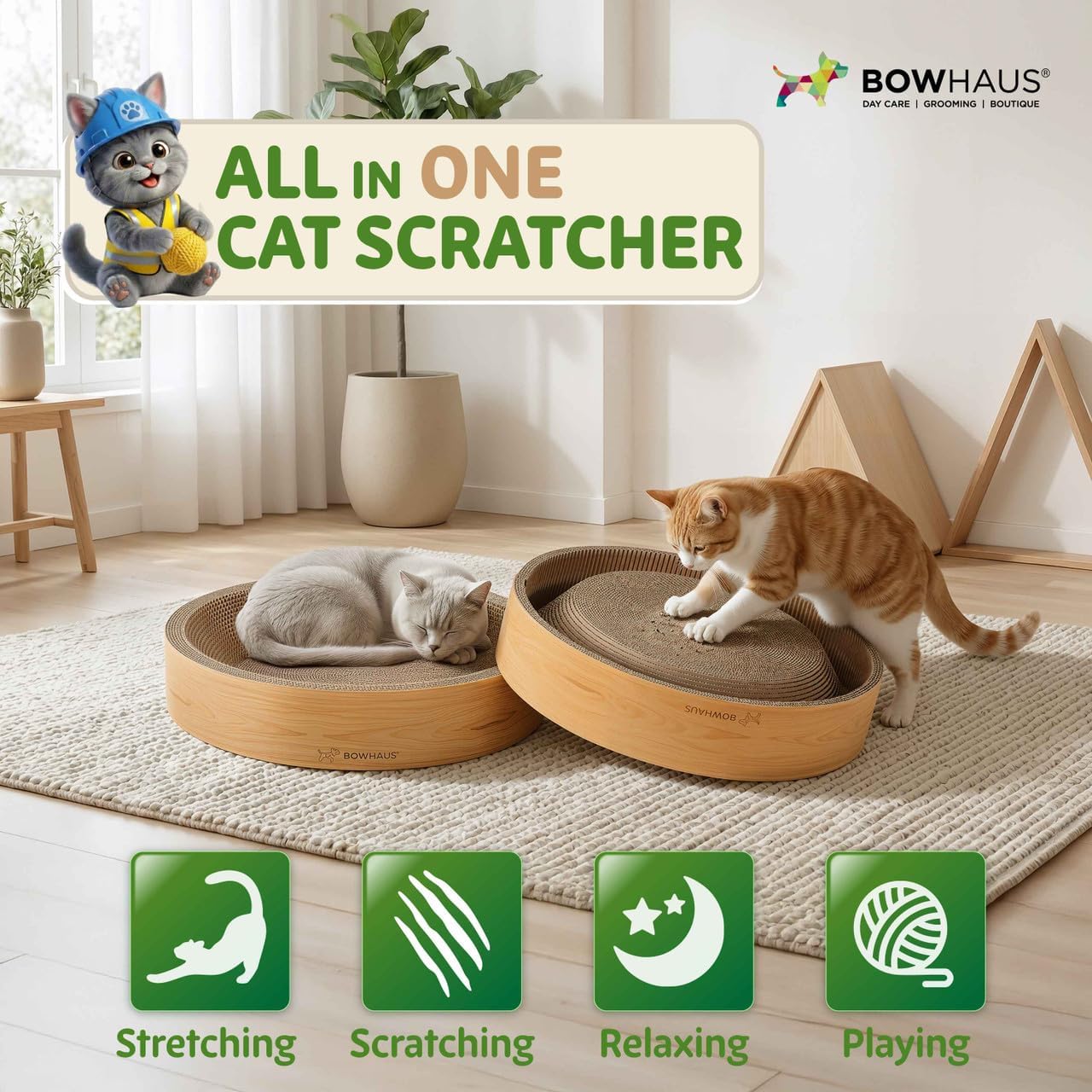 BOWHAUS Round Cat Scratcher Bed, Cardboard Scratch Pad Lounge, Reversible Cardboard Cat Scratch Bowl for Indoor Cats, Durable Cat Scratching Board, Cat Scratcher Lounger Pad, Furniture Protector