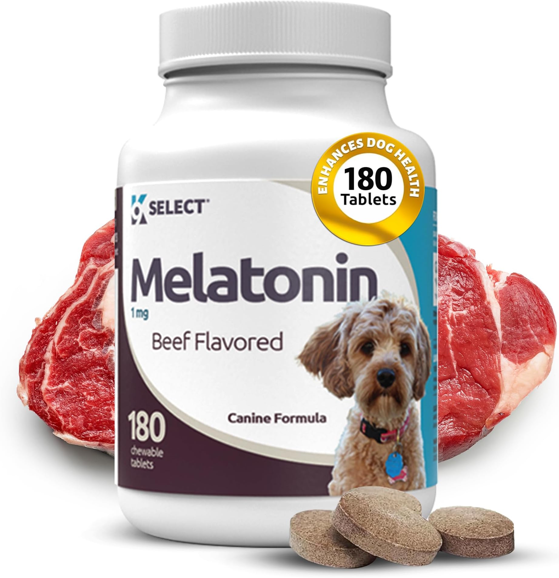 K9 Select Melatonin for Dogs - Calming Chews - Dog Melatonin for Sleep - Reduce Stress, Helps Overall Health Composure Calming Treats for Small Dogs - 1 mg, 180 Beef Flavored Chewable Tablets