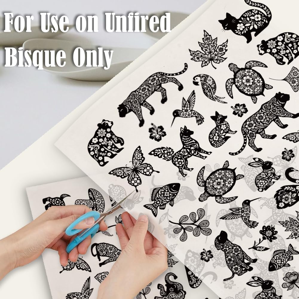 SUPERDANT 4Pcs Large Underglaze Decals for Pottery 20.5x14.6in Ceramic Transfer Paper with Trimmable Animal Patterns for Art Teachers and DIY Projects Black