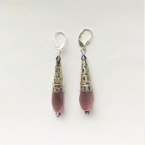Miniatura 3 de Sterling Silver Leverback Long Fiber Glass Earrings for women Iridescent Lilac Beads Purple Crystals