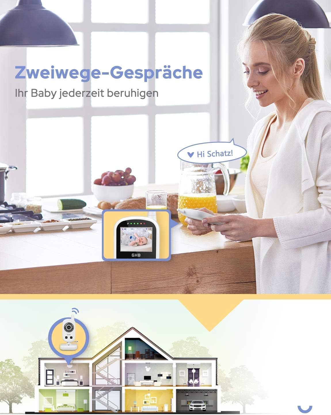 GHB Babyphone mit Kamera 2,4 GHz Baby Monitor Zoom Wiegenlieder ECO Modus mit Nachtsicht 2X Digital