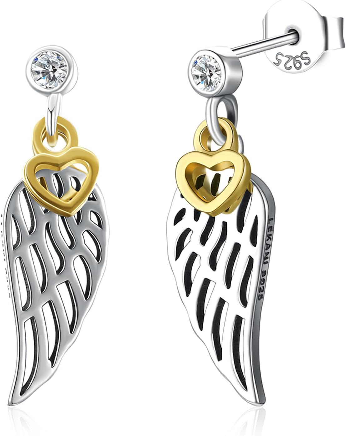 Maxilei Sterling Silver Angel Wing Earrings, Cubic Zirconia Stud Earrings for Women Girls