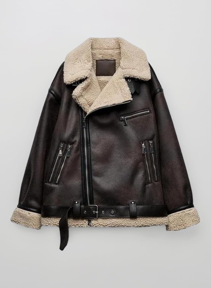 Faux Fur Leather Jacket Women Lapel Belt Zipper Fleece Thicken