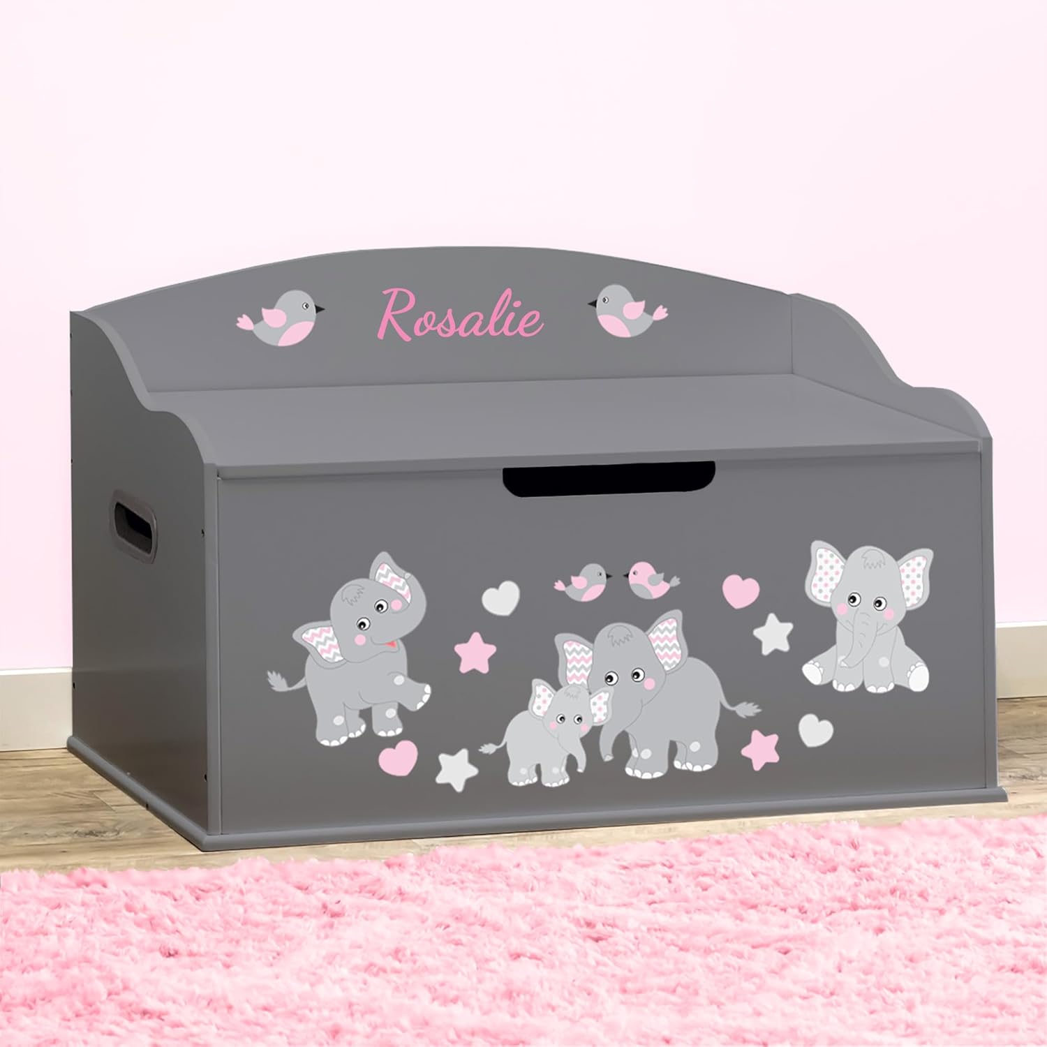 DIBSIES Personalized Creative Wonders Toy Box, Pink Elephants, 30 x 19.25 x 18 inches, Soft-Close Lid (Dovetail Grey)
