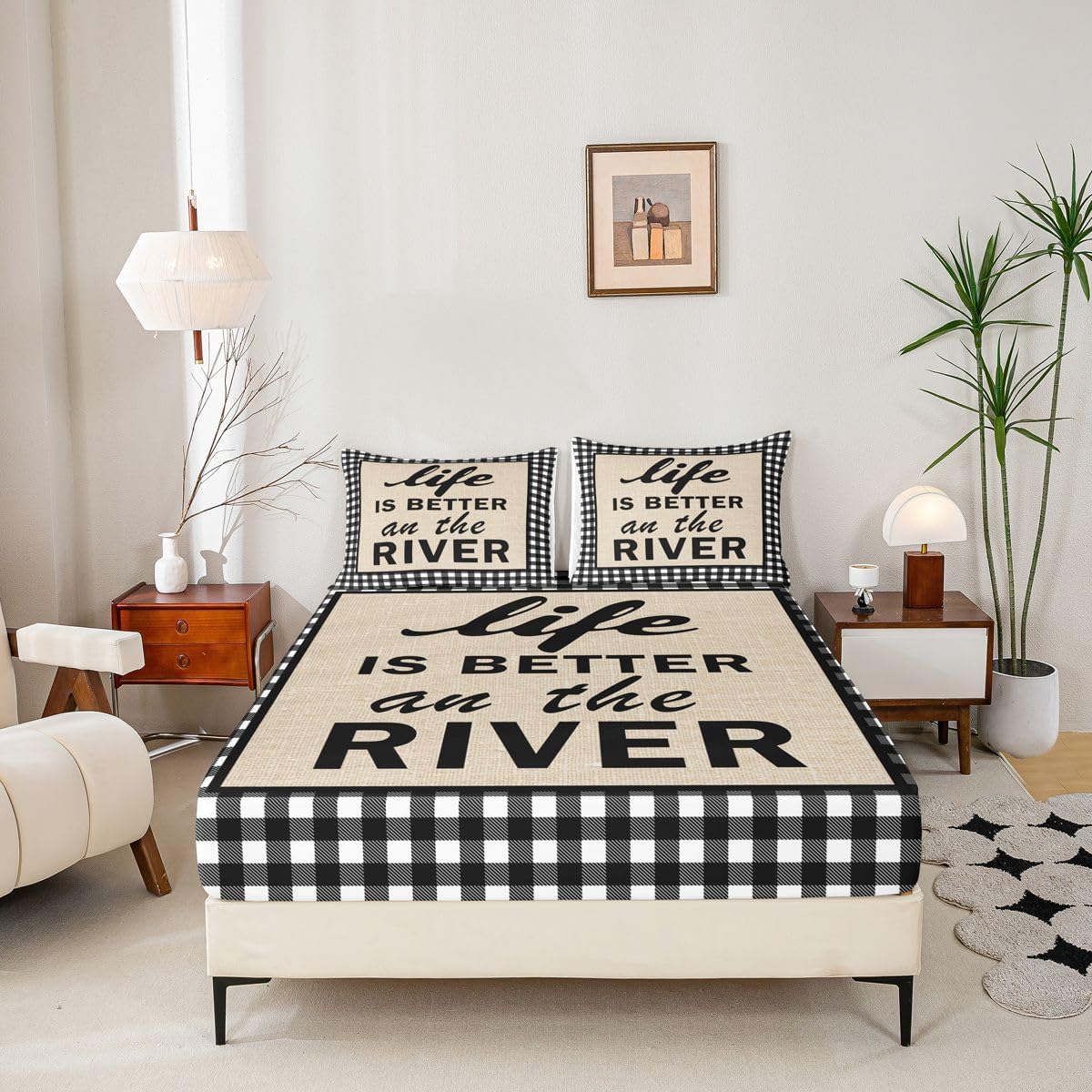 Erosebridal Rustic Lodge Cabin Bed Sheets Black White Brown Fitted Sheet Full Size, Vintage Farmhouse Sheets Retro Lake River House Bedding, Nature Countryside Bed Cover 3pcs (Deep Pocket)