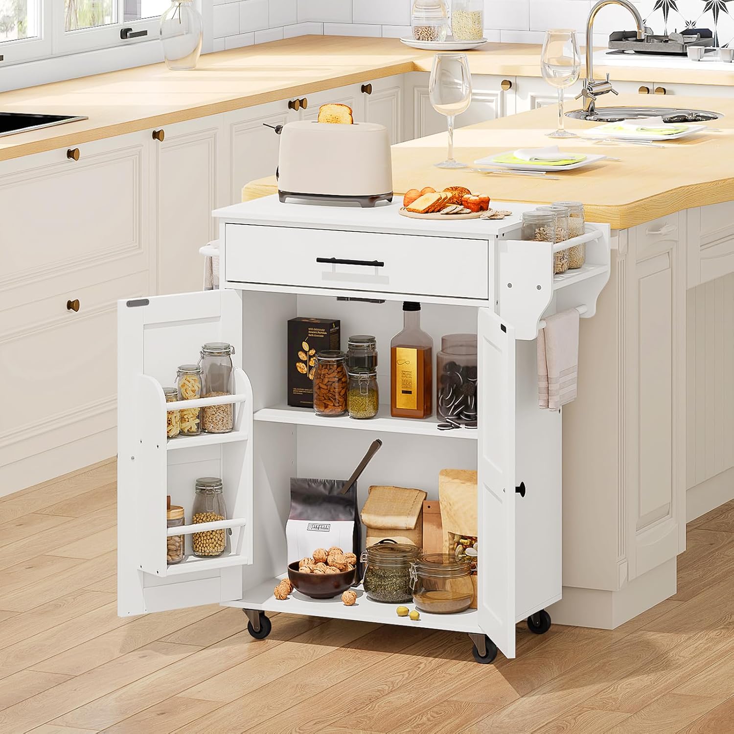 HOOBRO Kitchen Island and Kitchen Island with Outlet Bundle, Kitchen Storage Island with Spice Rack and Drawer, Rolling Kitchen Cart on Wheels, for Home and Dining Room, White WN82UZD01G1-WT88UZD01
