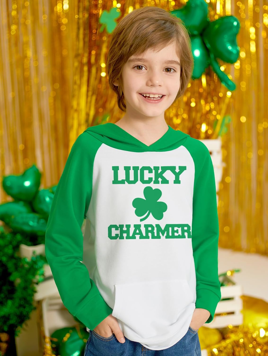 BesserBay Unisex Kids St Patrick's Clover Raglan Hoodie Kangaroo Pocket Sweatshirt 1-10 Years