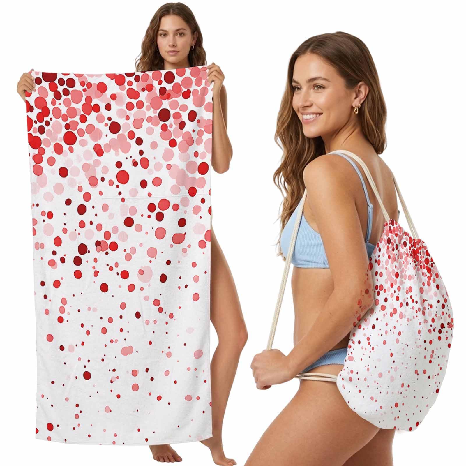 FWJZDSP Beach Towel Backpack, Abstract Red Polka Dot 2-in-1 Foldable Soft Microfiber Quick Dry Beach Towel 31.5x63in Watercolor Gradient Wave Point Lightweight Pool Towels Bag for Travel, Yoga, Gym