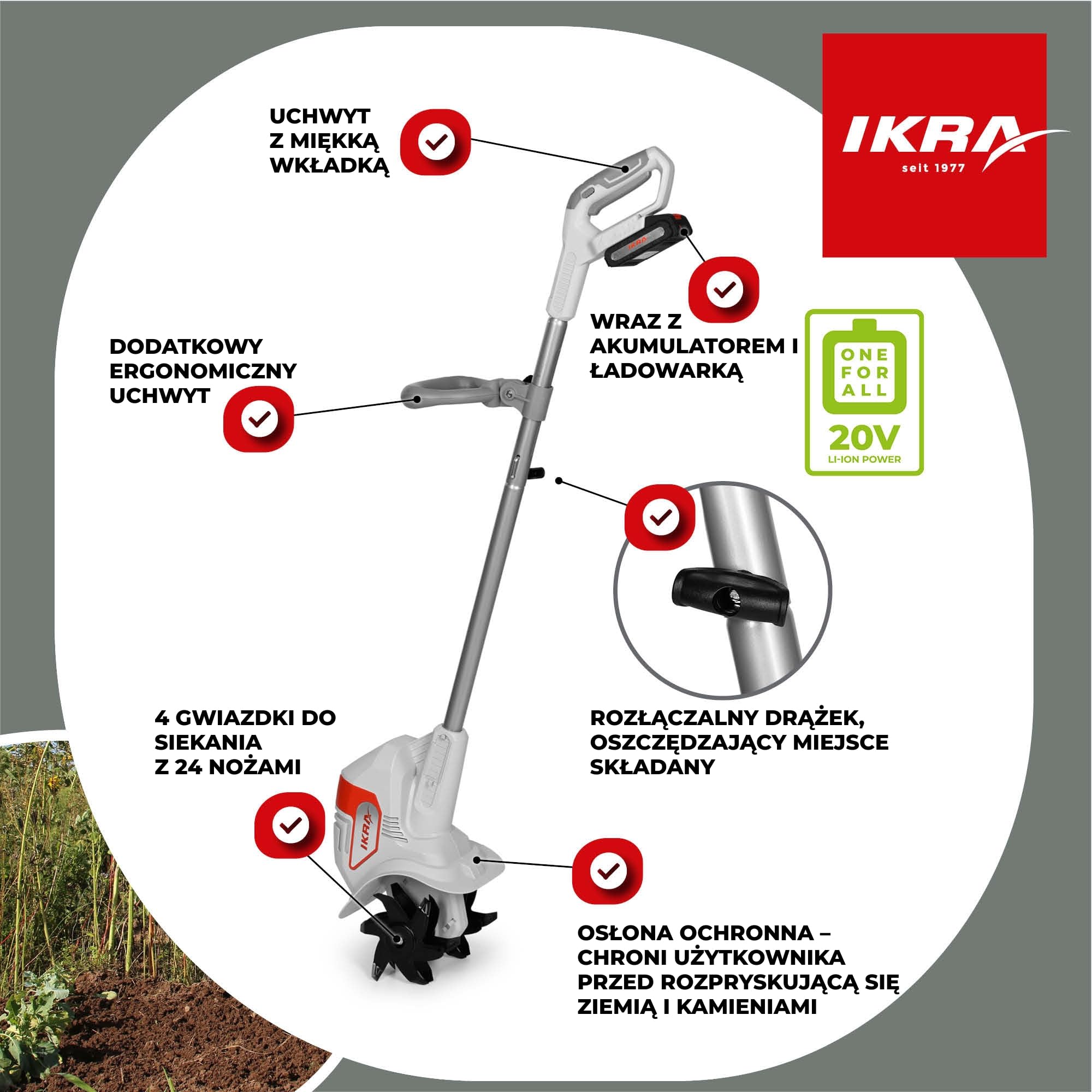 IKRA Glebogryzarka IAMH 20, szerokość robocza 19cm, akumulator, ładowarka | Spulchnia glebę, głębokość do 15,5cm, lekka, kompaktowe przechowywanie, kompatybilna z rodziną akumulatorów IKRA 20 V
