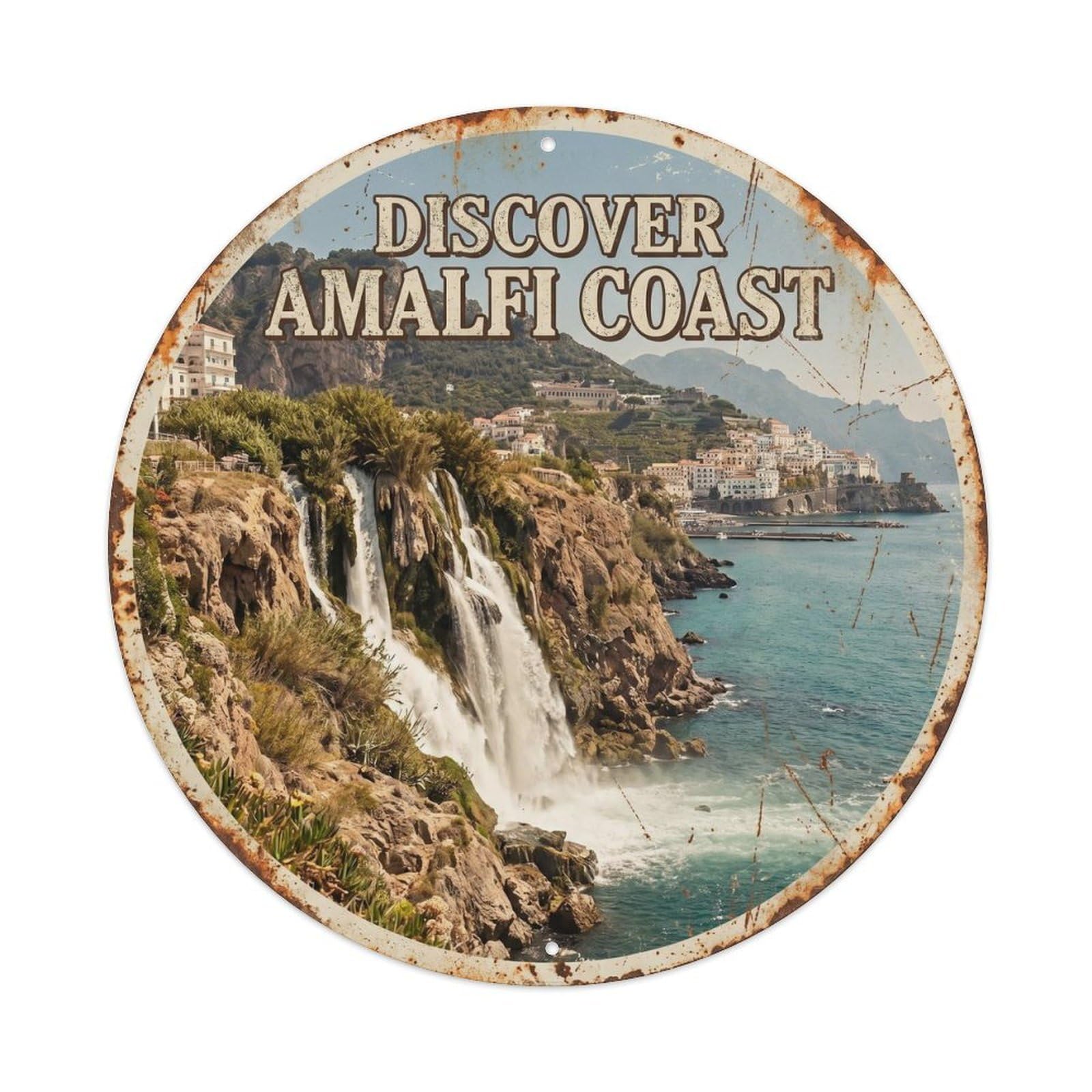 Amalfi Coast Waterfall Vintage Travel Mediterranean Heritage Metal Tin Sign Plaque Wall Decor for Cafe, Man Cave, Club Bar, Office, Home Garden Round Metal Poster 8x8Inch