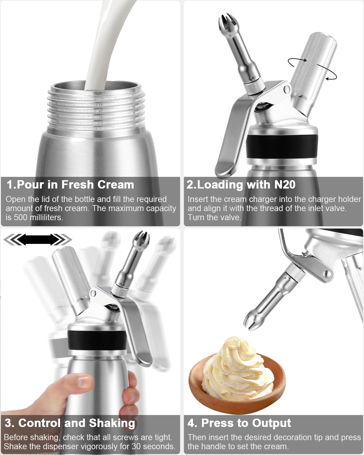 500ml Sahnespender, Sahnespender aus Aluminium, Sahnesyphon mit 3 Edelstahl Deko Düsen, 3 Kunststoffe Deko Düsen, 1 Kapselhalter, 1 Reinigungbürste und 1 Synopsis, für Schlagsahne, Creme, Mousse
