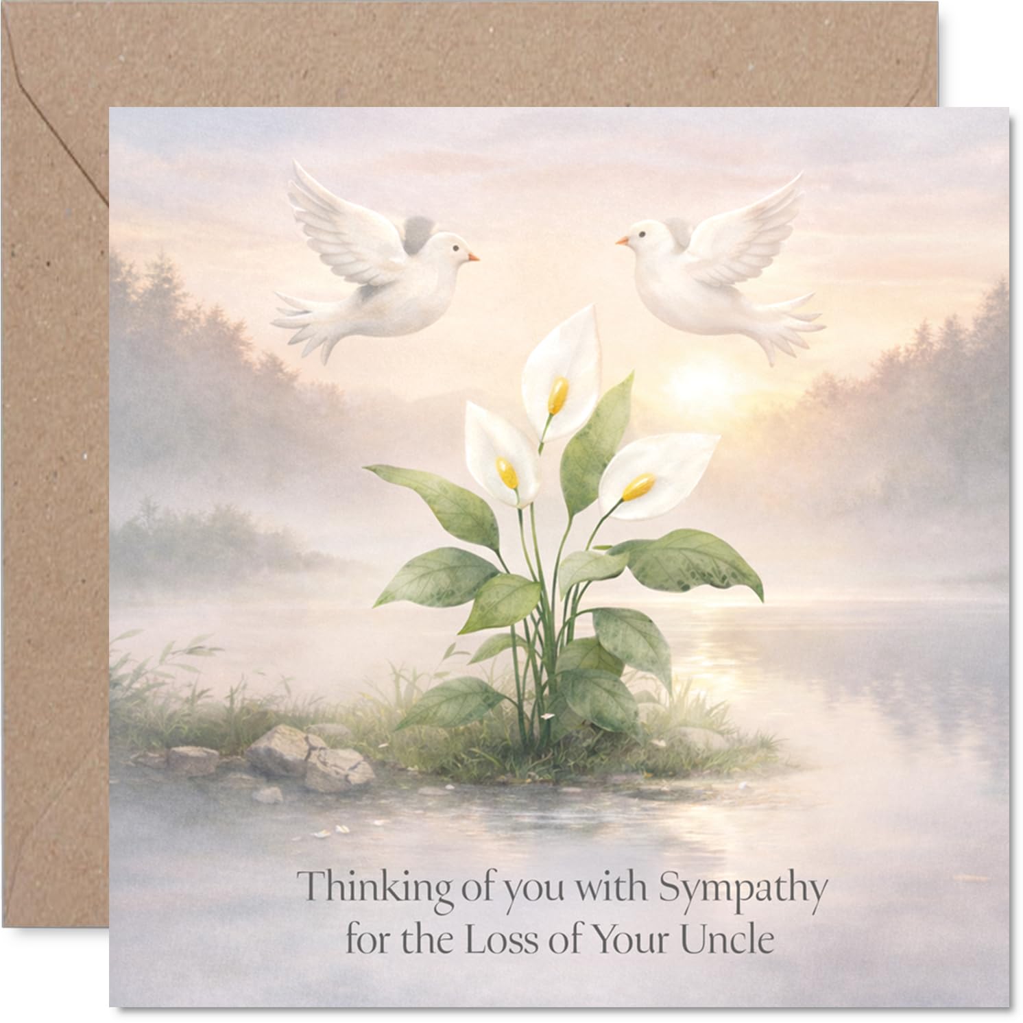 Comforting Sympathy Card - Loss of Uncle - Gentle Words in a Time of Loss - Serene Doves and White Flowers Design - 145mm Square, Envelope Included