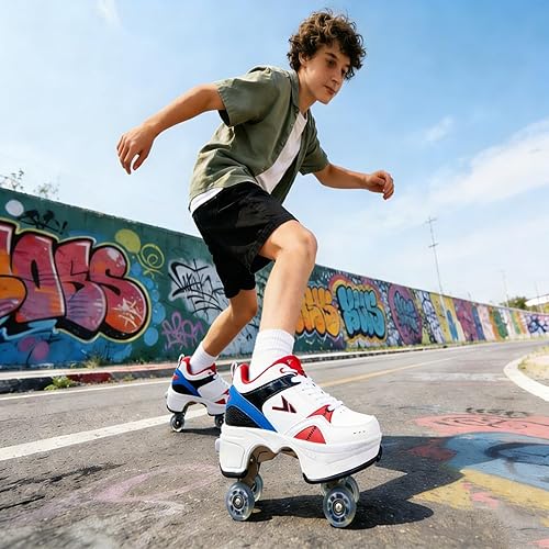 Miniatura 3 de Tenis unisex 2 en 1 para patinaje con ruedas retráctiles de doble fila de 4 ruedas para niños, adultos, hombres y mujeres, para interiores y