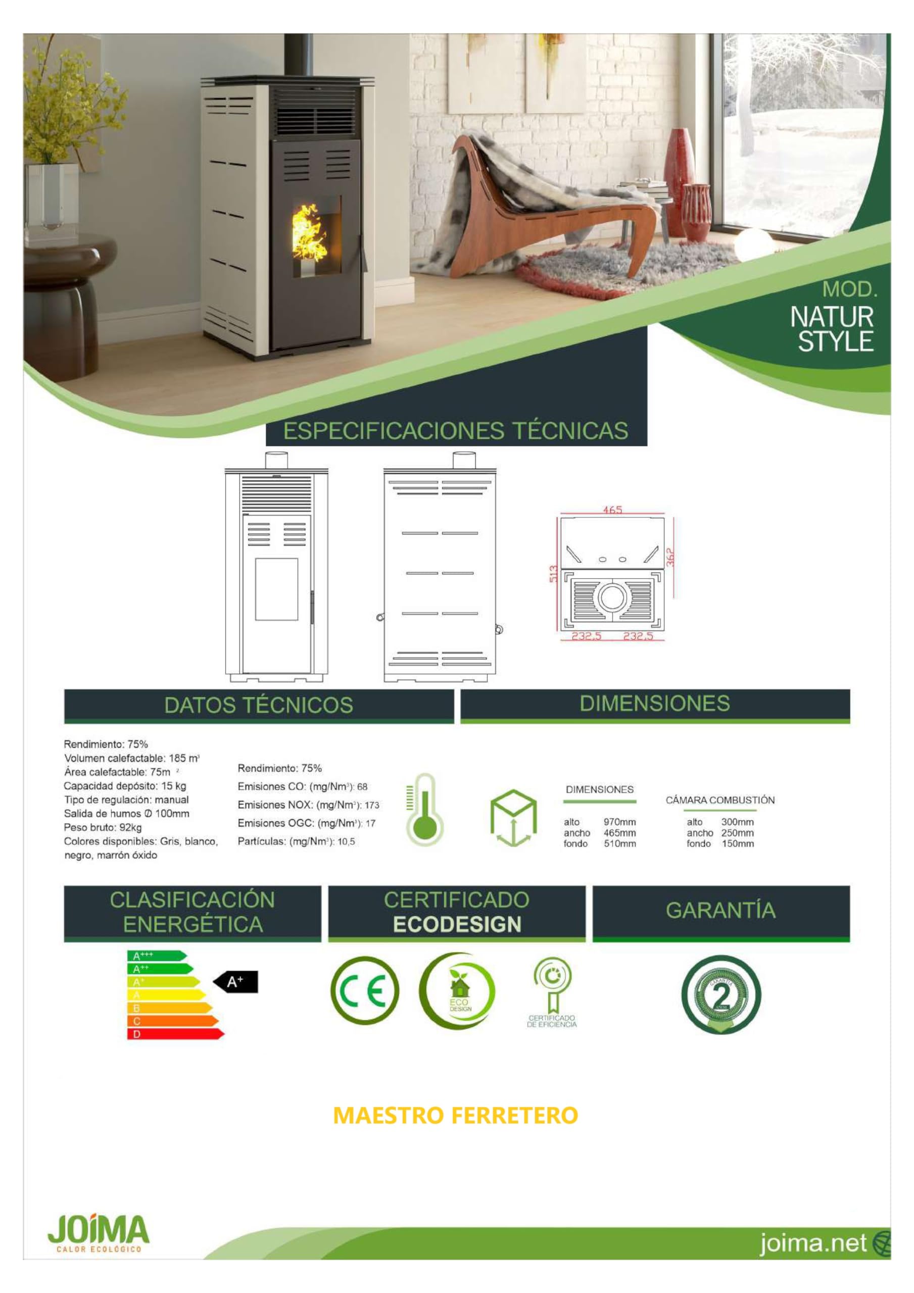 Poêle à granulés sans électricité modèle Natur Style 8 kW. Fonctionne sans connexion électrique. Couleur blanche