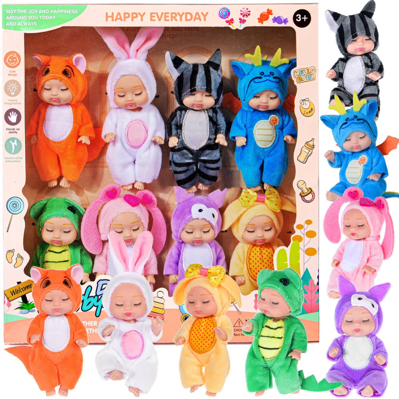 8 Pack Mini Baby Dolls - 4 inch Animal Theme Lifelike Sleeping Baby Dolls for Girls 3-6, 6-12 Educational Toys & Decorative Figures
