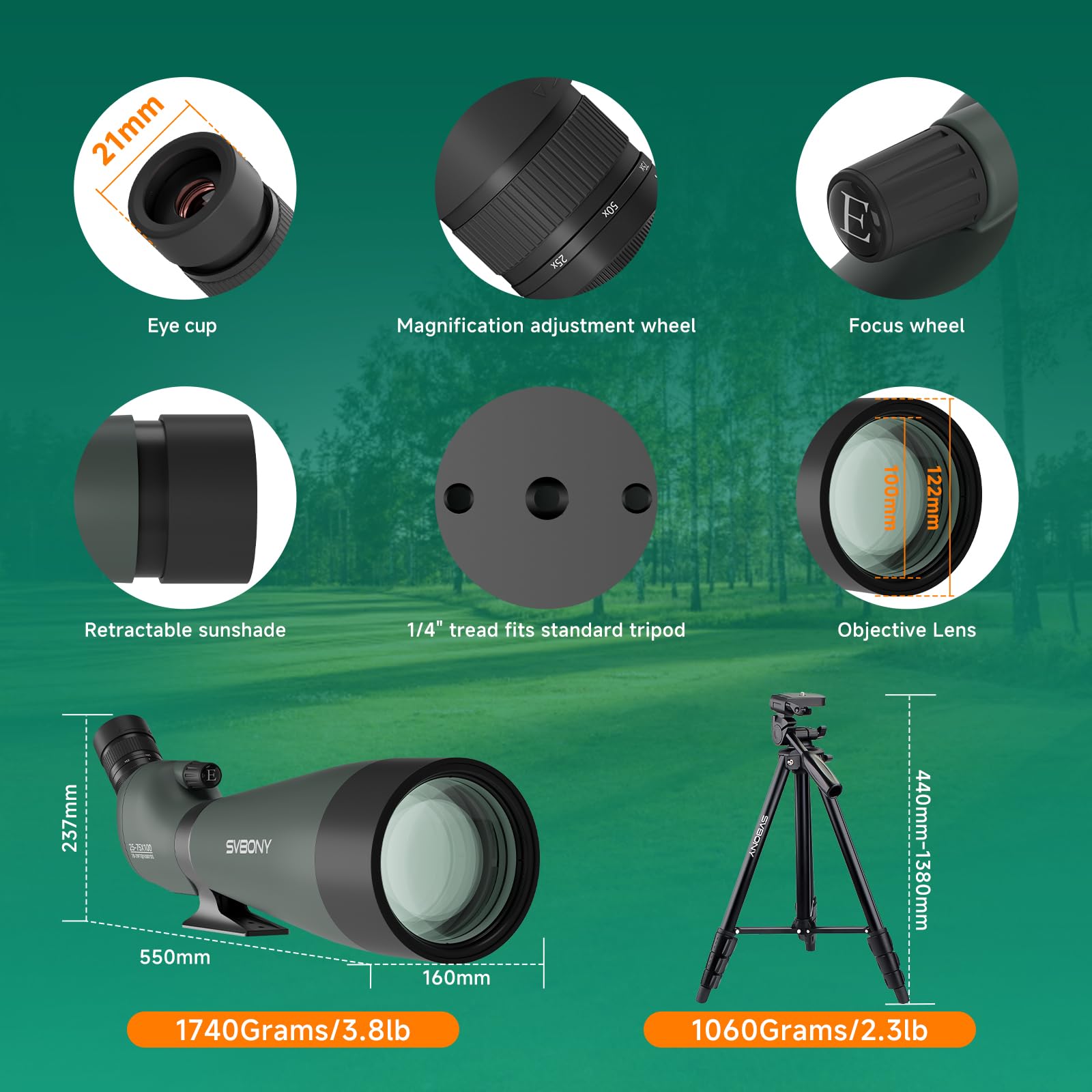 Svbony SV28 25-75x100mm longue-vue avec trépied, grand champ de vision, images claires et claires, HD Bak4 FMC Spotter Scope avec adaptateur smartphone, pour tir sur cible, observation des oiseaux
