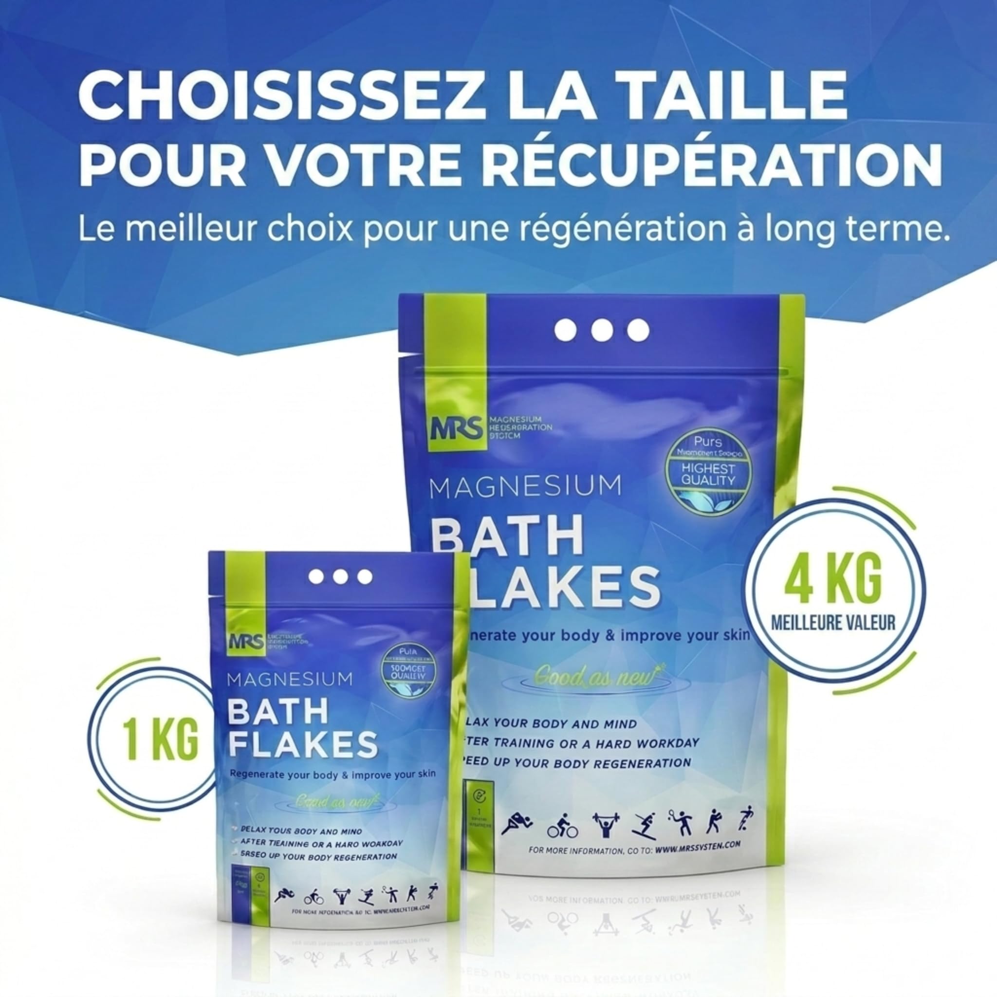 Sels de Bain au Magnésium Thérapeutiques et Relaxants, Régénération du Corps et de l'Esprit, Sels de Bain Naturels MRS Système de Régénération au Magnésium, 4kg - 8.8 lb