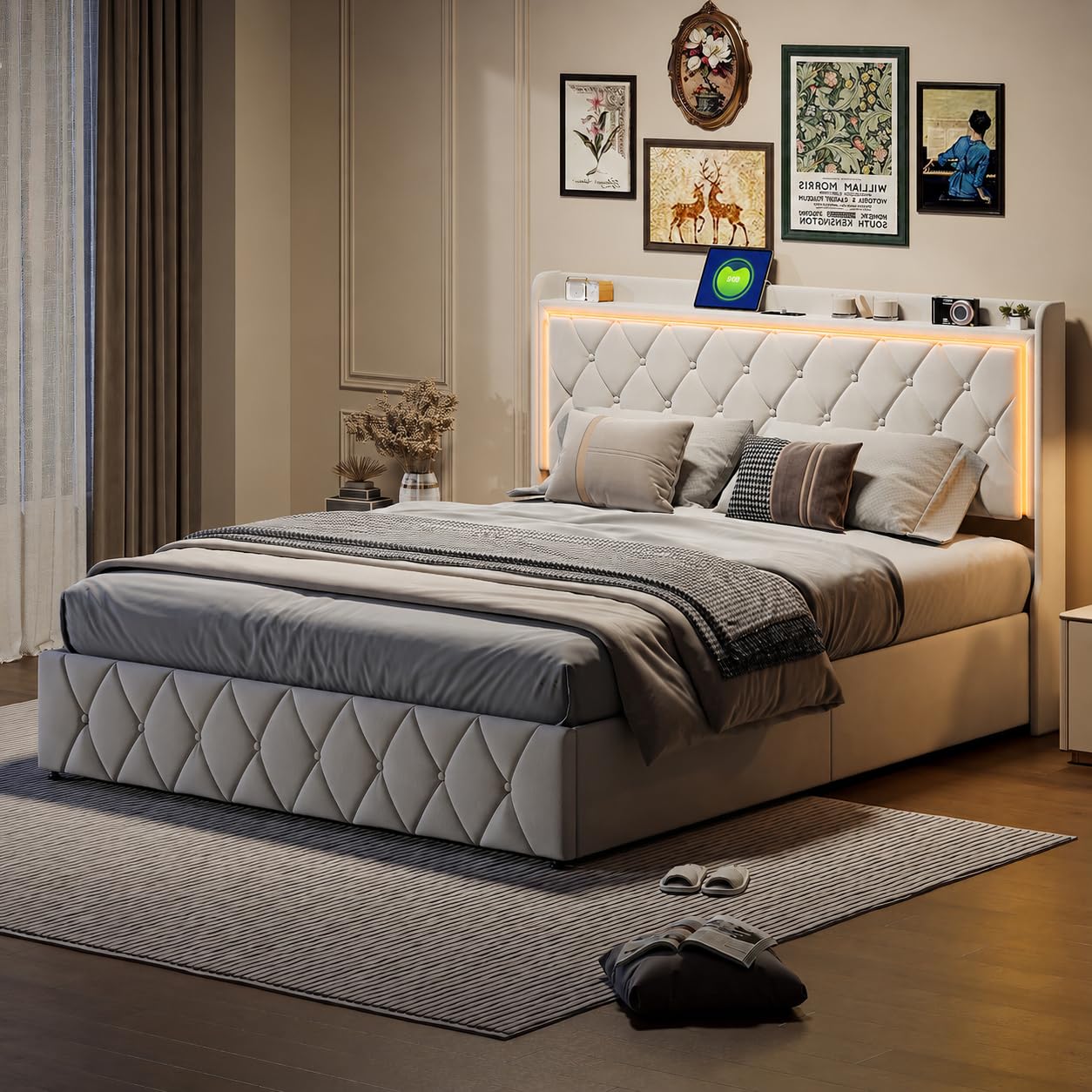 Cama de Matrimonio 140x200 cm con Canapé Abatible Hidráulico, Cama Doble Tapizada de Terciopelo Beige con Almacenaje, Cabecero LED RGB con 2 USB-A y USB-C, Somier de Láminas, Sin Colchón