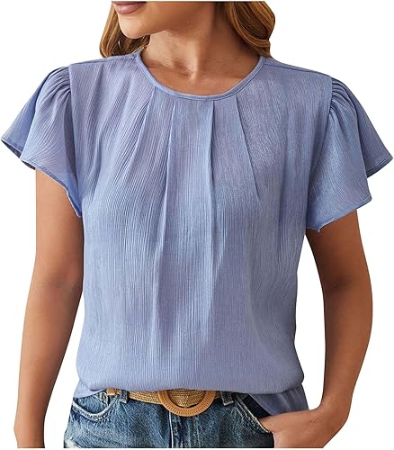 JEGULV Funny Tshirts Shirts for Women V Neck, Womens Solid Color Crewneck T-Shirt Ruffle Sleeve Tops Trendy Boho Tee