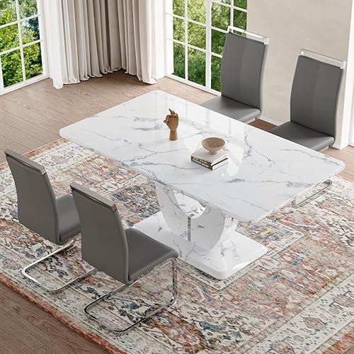 Miniatura 109 de JUFU Juego de mesa de comedor para 6 personas con sillas tapizadas de poliuretano, mesa y sillas de comedor de mármol sintético gris de 63 pulgadas,