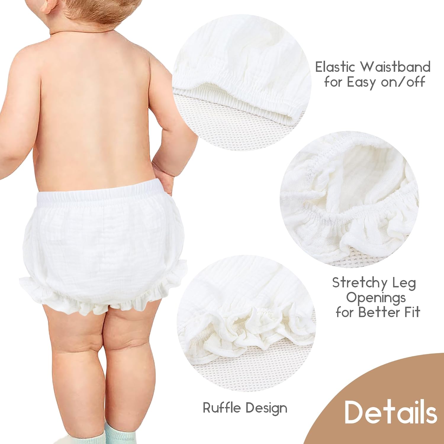 5pcs Toddler Baby Girls Boy White Ruffled Bloomers Diaper Cover Cotton Linen Bloomer Shorts Underwear - Image 2