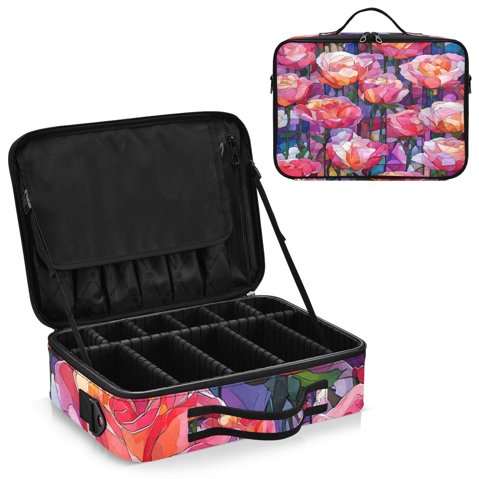 zyrtty Travel Makeup Train Case Flower Red Glass Pattern Rose Cosmetic Organizer Portable Storage Bag with Adjustable Dividers for Cosmetics Brushes Toiletry Jewelry Digital Accessories