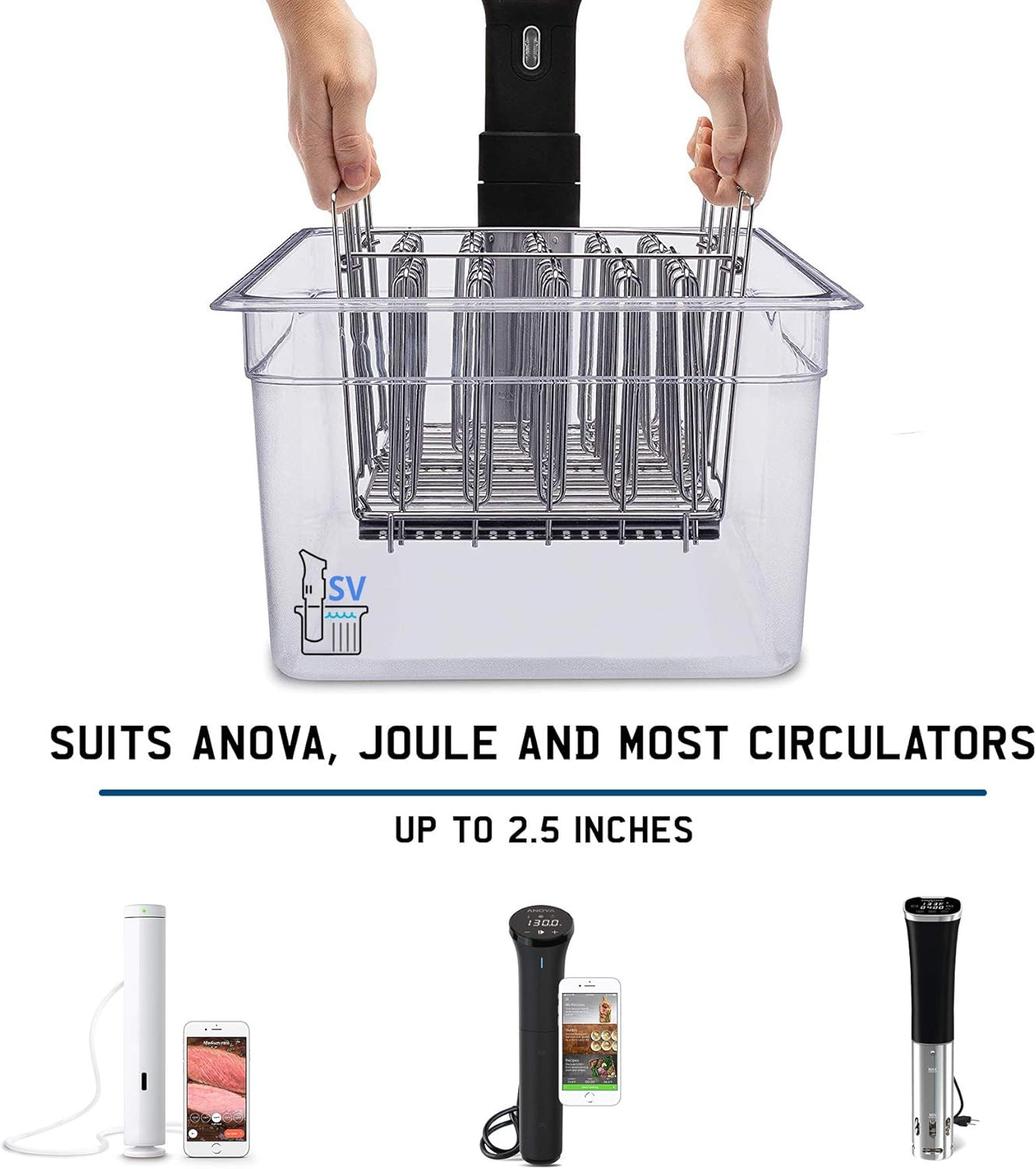 SV - Sous Vide Cooker Complete Set with Container Lid and Rack – Crystal Clear 12 Qt Container BPA Free NSF Rated - Stainless Steel Rack - Suits Anova, Nano, Joule and Most Circulators