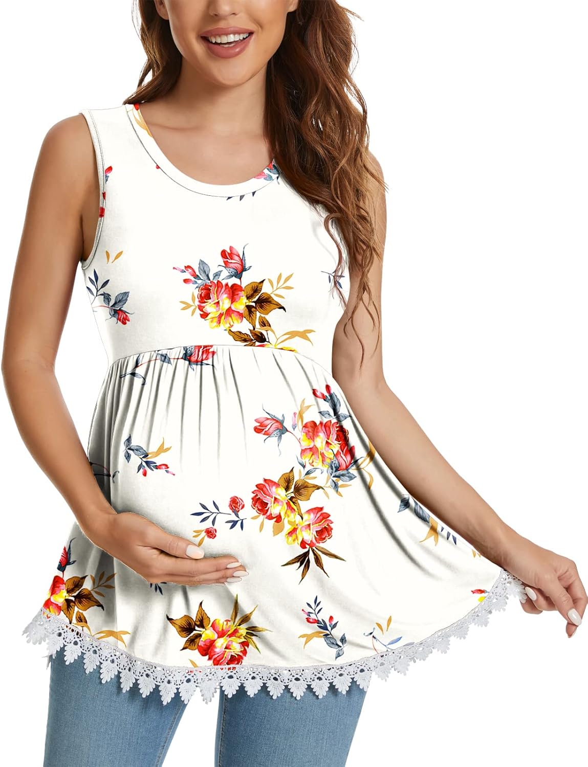 Xpenyo Womens Maternity Tank Top Sleeveless Lace Crochet Trim Peplum Cami Shirts - Image 2