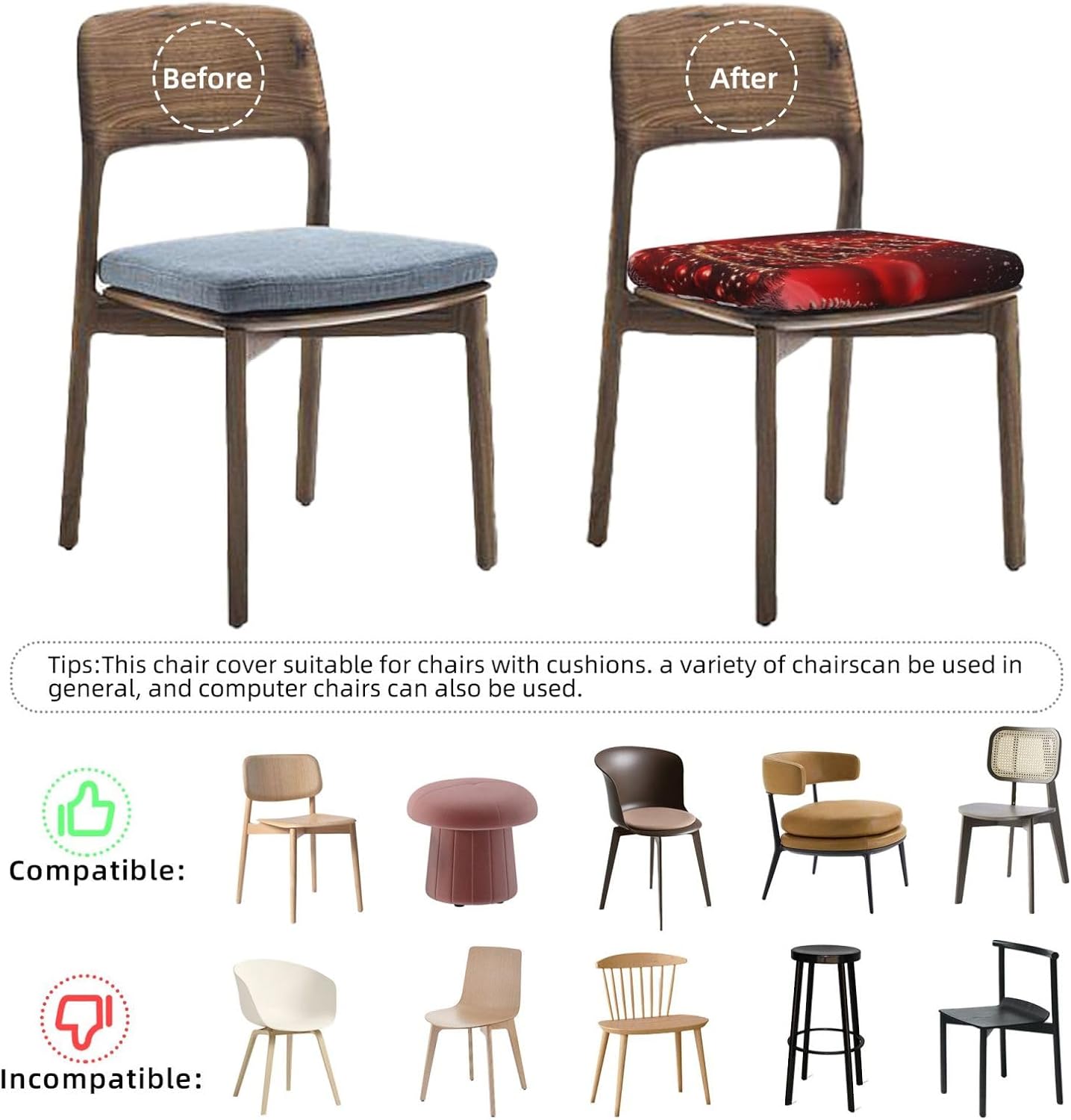 6PCS Stretch Seat Covers Set, Christmas Tree Red Chair Covers for Dining Room, Square Chair Seat Slipcovers with Ties, Removable Washable Dining Chair Protector Seat Cover for Kitchen Office