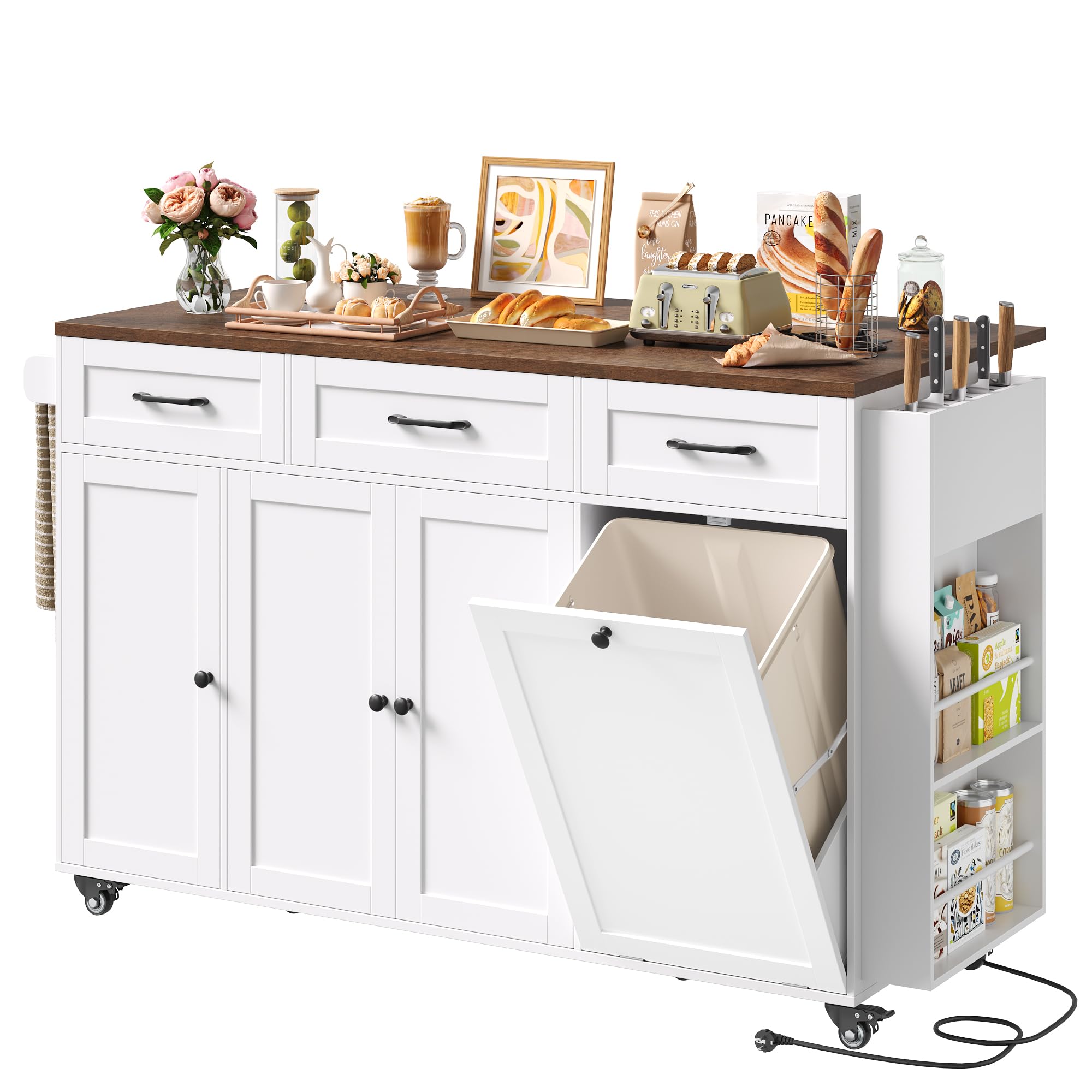 FirFurd Isola Cucina con Presa Integrata e Ruote, Carrello Cucina con Piano di Lavoro Pieghevole e Portacoltelli, Penisola Cucina con Spazio per Bidone, 135x60x88cm, Senza Bidone, Bianco