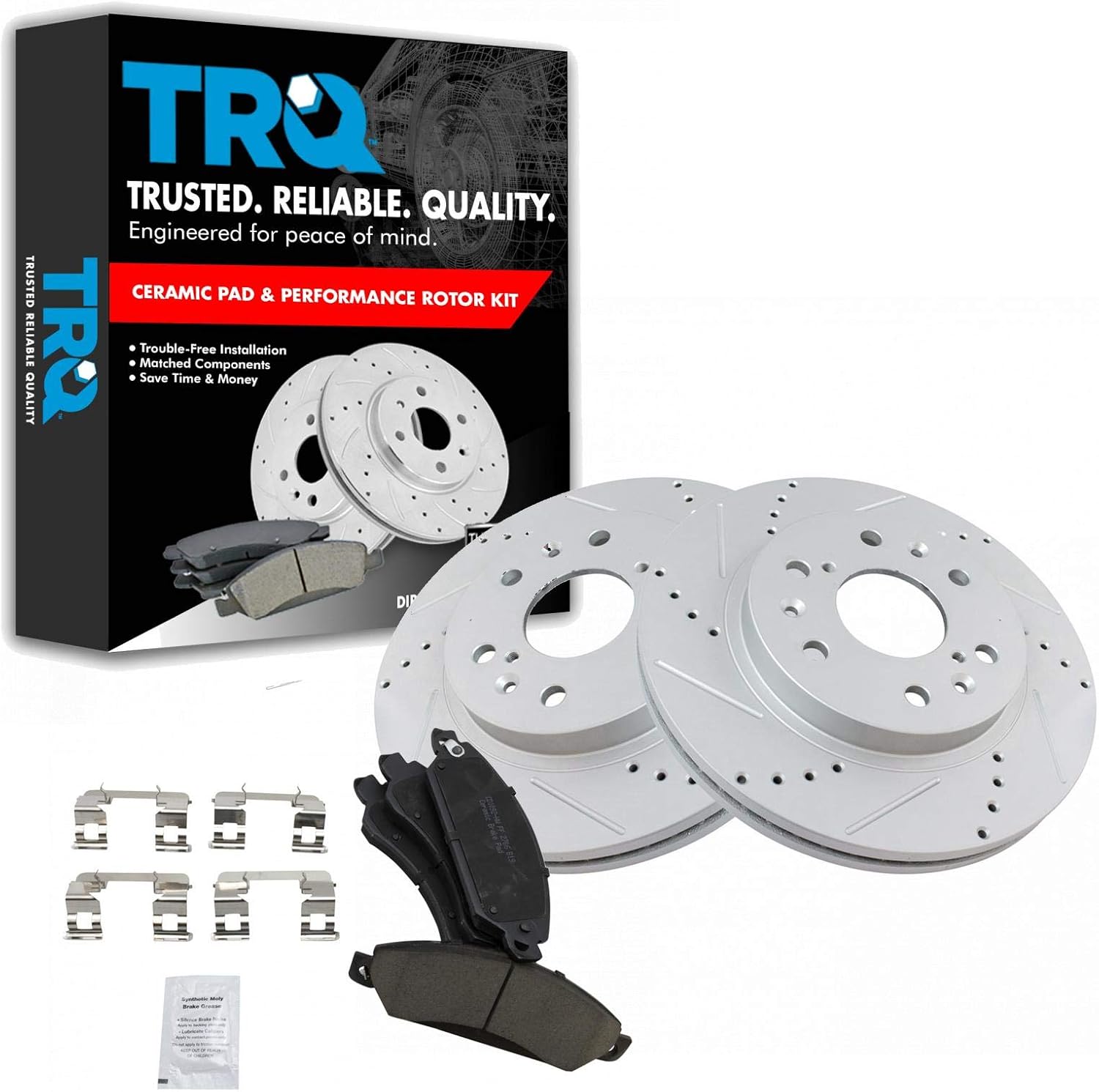 TRQ Front Brake Pad & Rotor Kit Ceramic Premium G-Coated Slotted X Drilled Compatible with 07 Cadillac 05-07 Chevrolet GMC