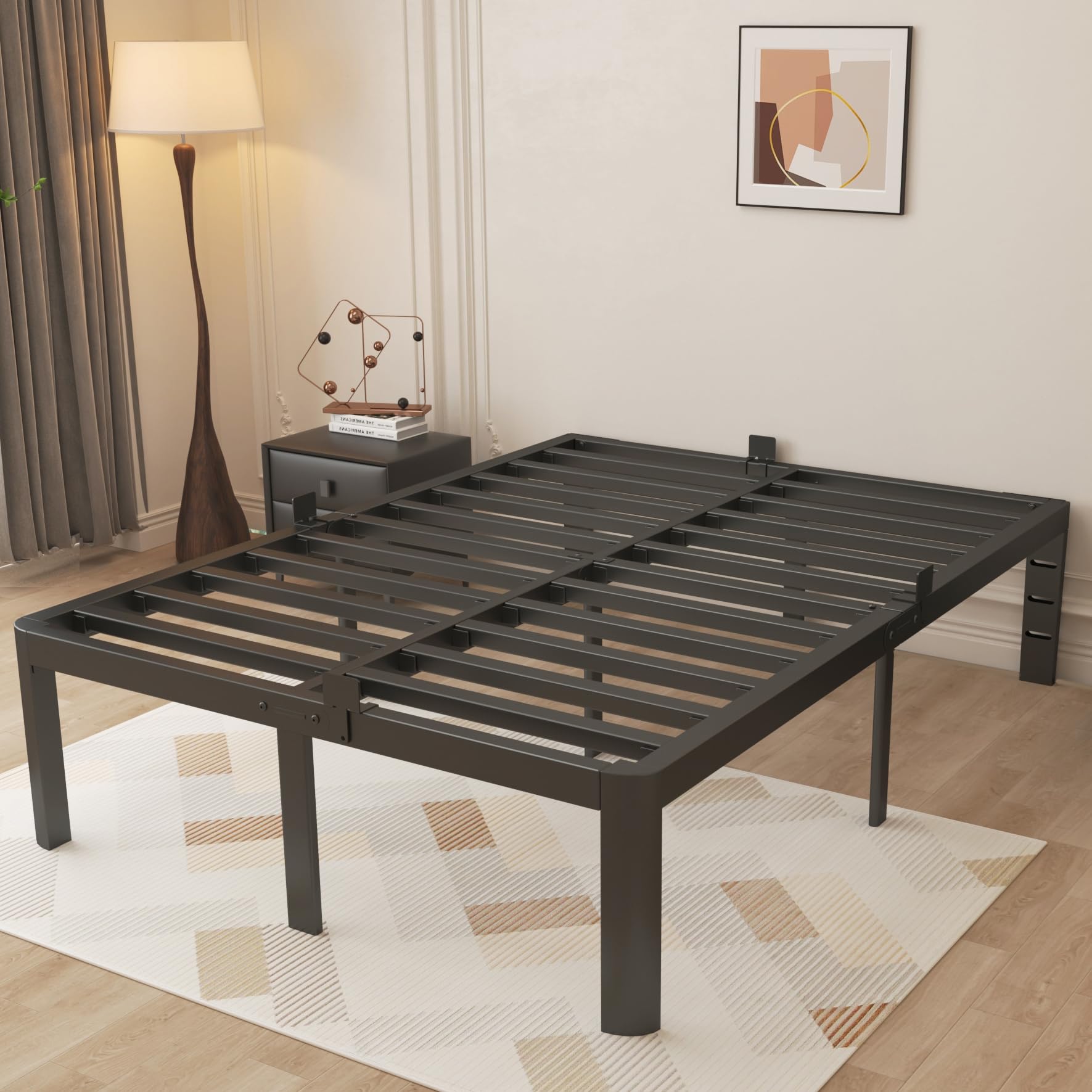 Base de cama de tamaño matrimonial de 16 pulgadas, marco de cama matrimonial negro con deflectores antideslizantes, no necesita somier, soporte de plataforma de acero resistente, patas de