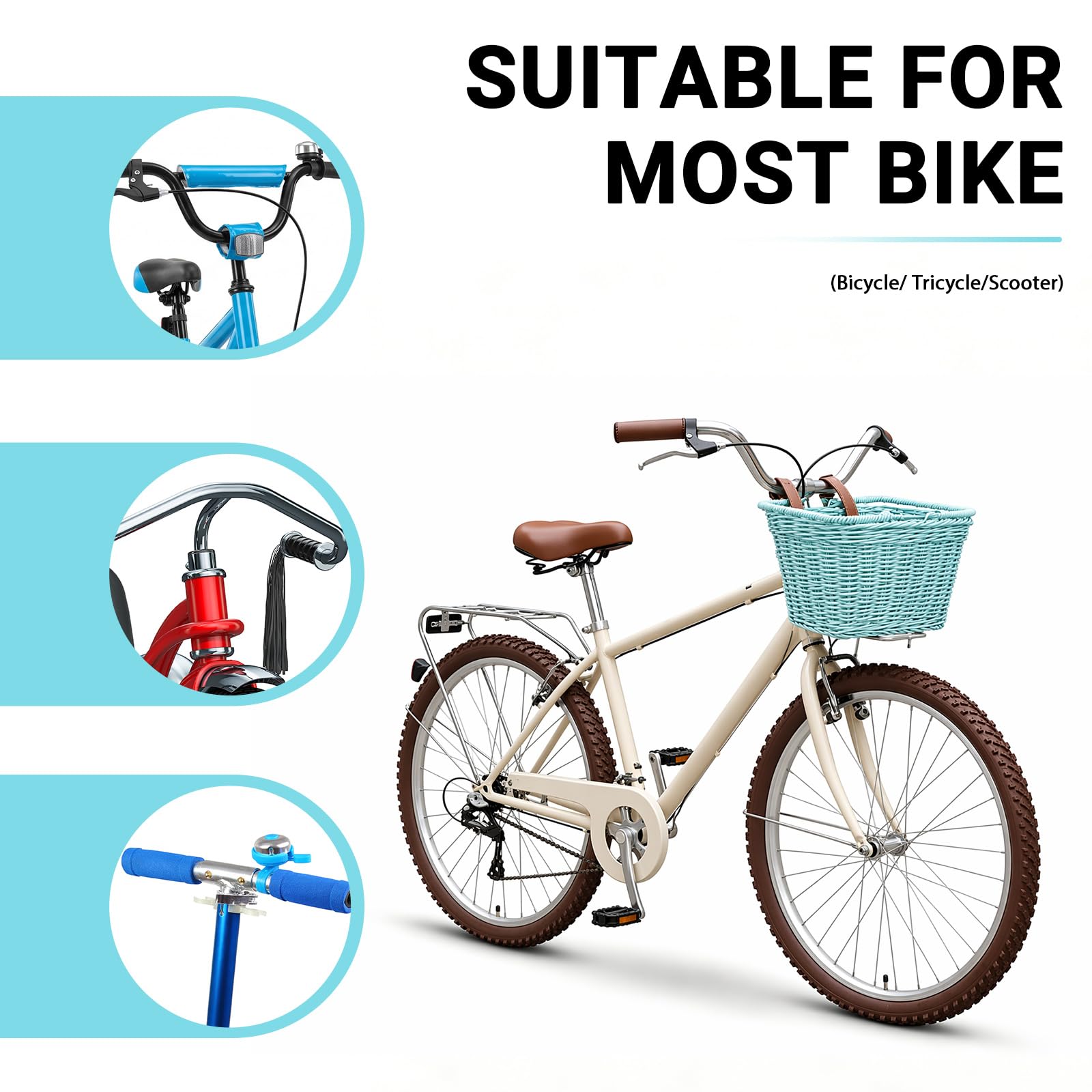 Cestino anteriore per bicicletta, effetto vimini, cestino anteriore per bicicletta per bambini con cinghie, cestino rimovibile, cestino portaoggetti intrecciato a mano, per bicicletta, bicicletta