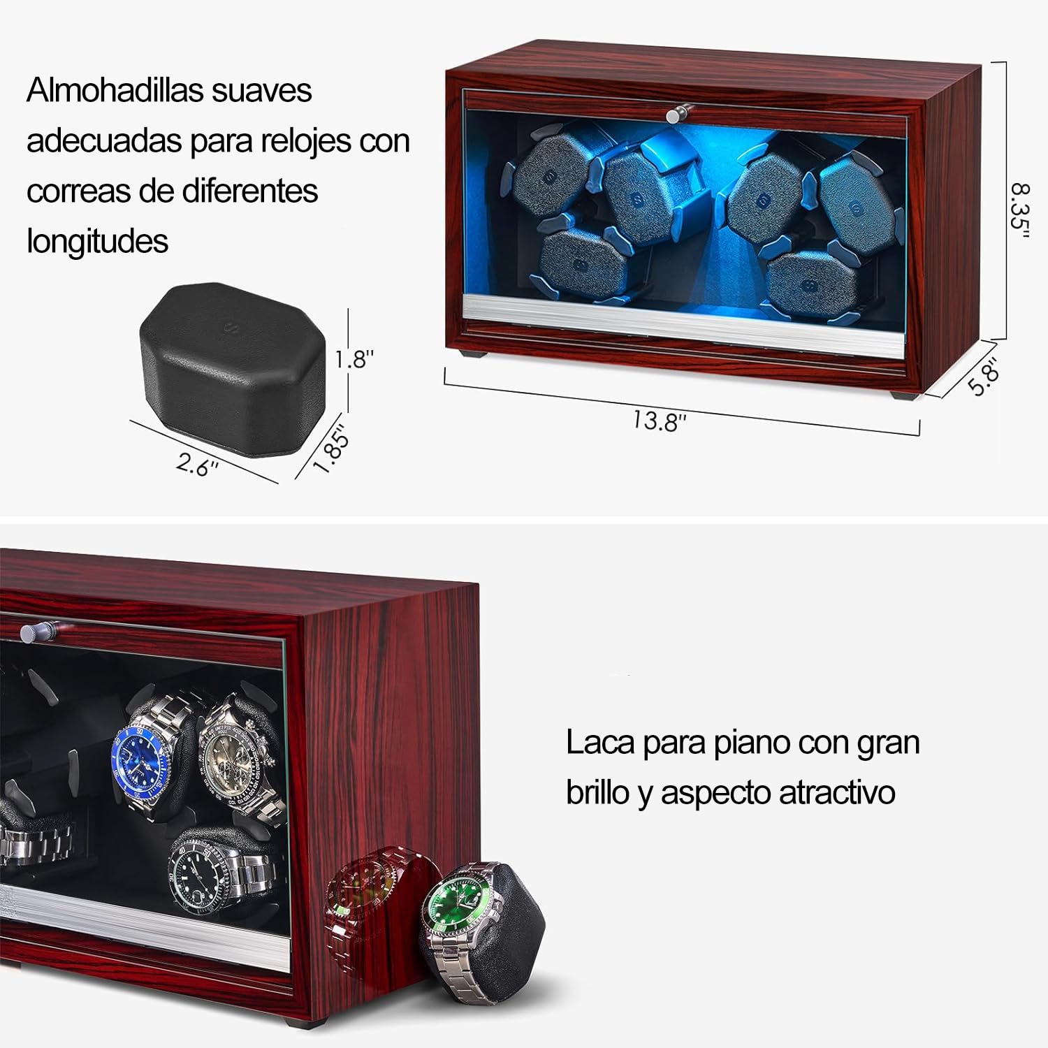 ANWBROAD Enrollador de reloj giratorio para 6 relojes con LED y motor súper silencioso, 4 modos de rotación, caja de bobinado, agitador con cable USB, regalo UJWW003Y