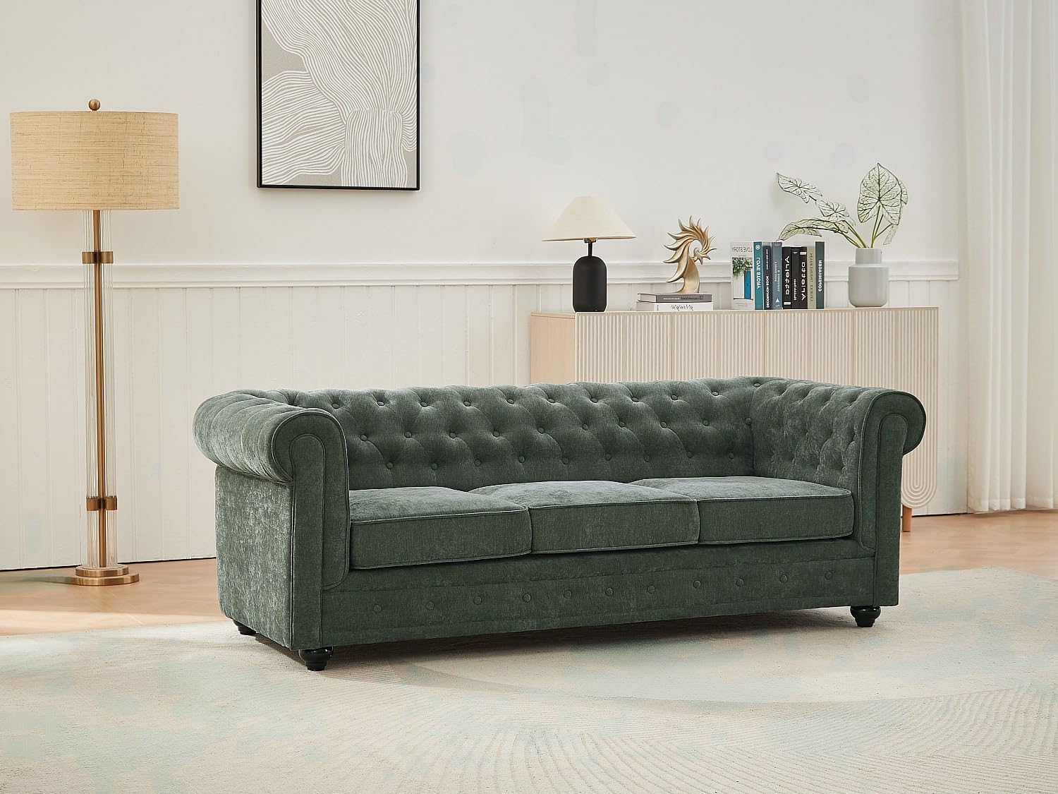 Vente-unique - Canapé 3 Places en Tissu Vert Chesterfield