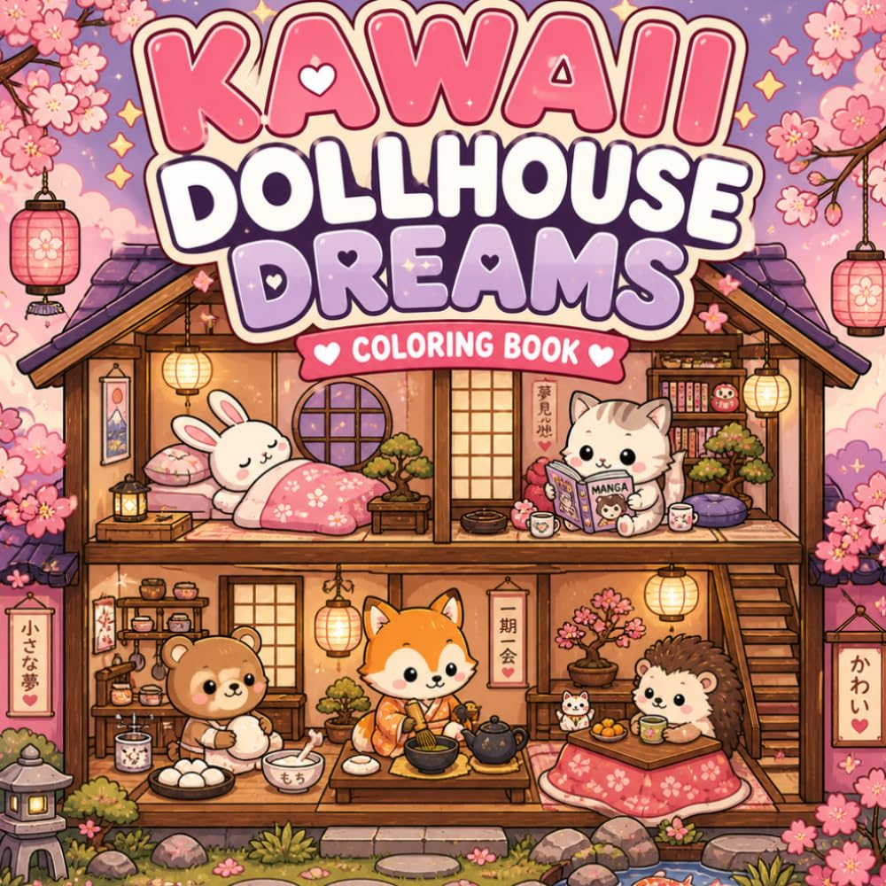 Kawaii Dollhouse Dreams Coloring Book for Adults and Teens Featuring Cozy Fantasy Rooms, Cute Animals, Miniature Homes, Sakura Aesthetic Scenes, Relaxing Japanese Inspired Coloring Pages