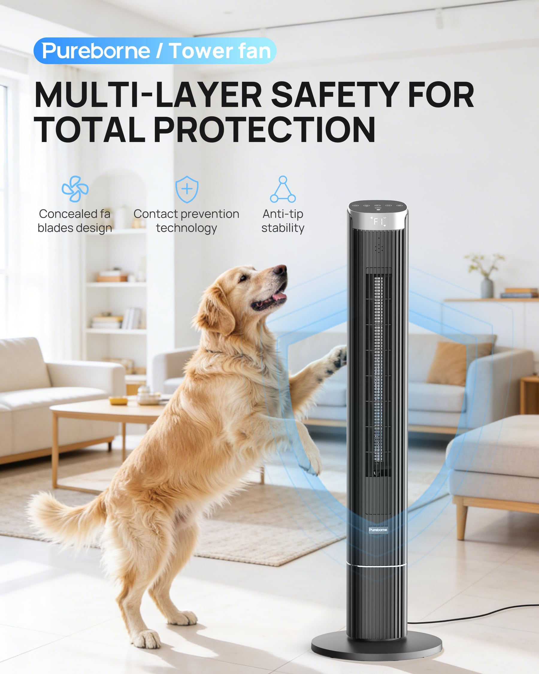 Leiser Ventilator, 25dB Smart Turmventilator, 90° Oszillation Tower Fan, 4 Stufen, 12H Timer Turmventilatoren für Schlafzimmer, 109cm, Schwarz, 1 Pack+ 4 Modi