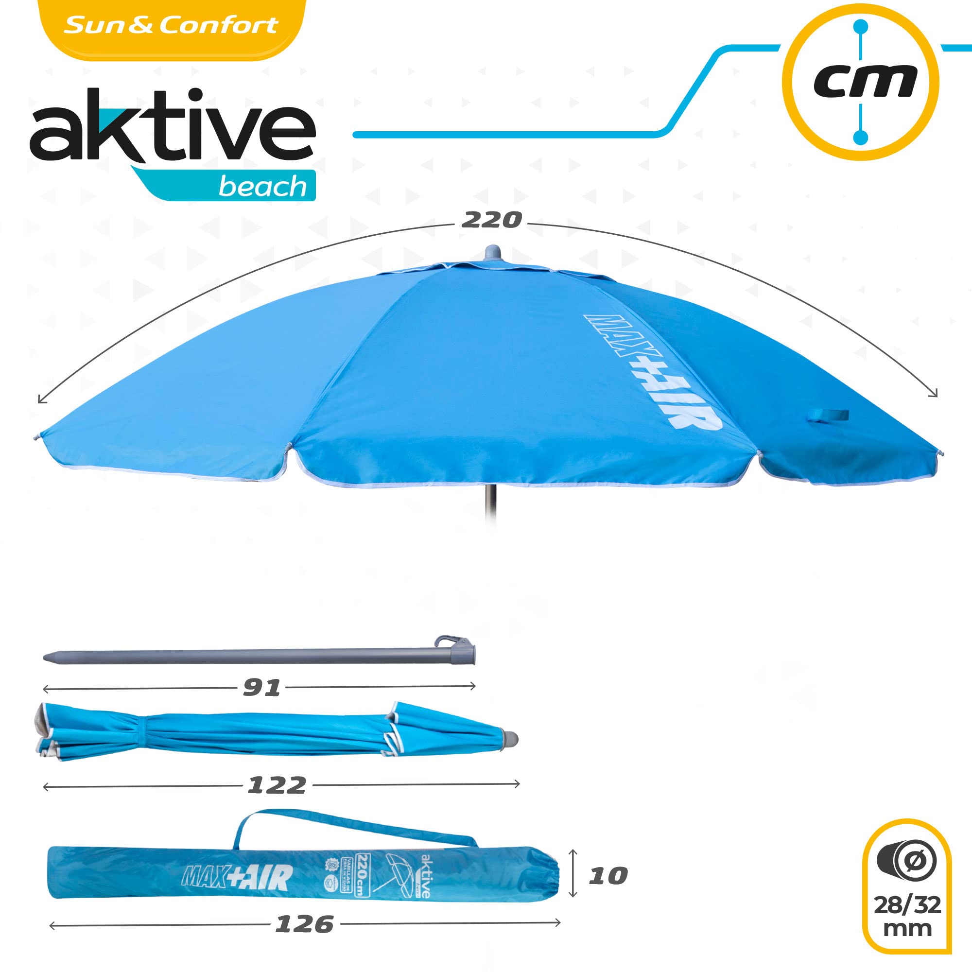 AKTIVE 62239 - Ombrellone da spiaggia grande antivento ultra resistente | Albero inclinabile | Include borsa portaoggetti con maniglia per il trasporto | Grande ombrellone da spiaggia blu