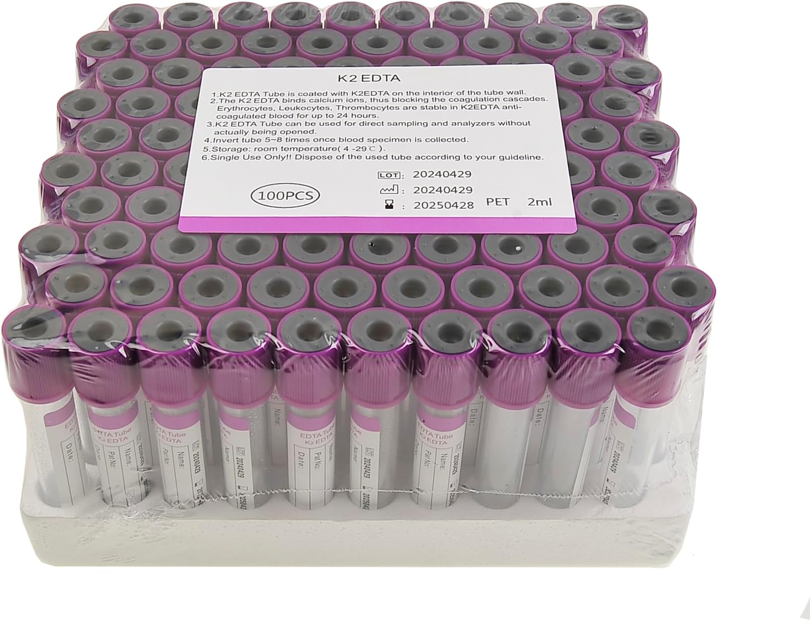 Pet Animals Lab Vacuum Blood Collection Tubes EDTA K2 Coagulation Blood Collecting Tube Veterinary Supplies, 50pcs 10ml Lavender