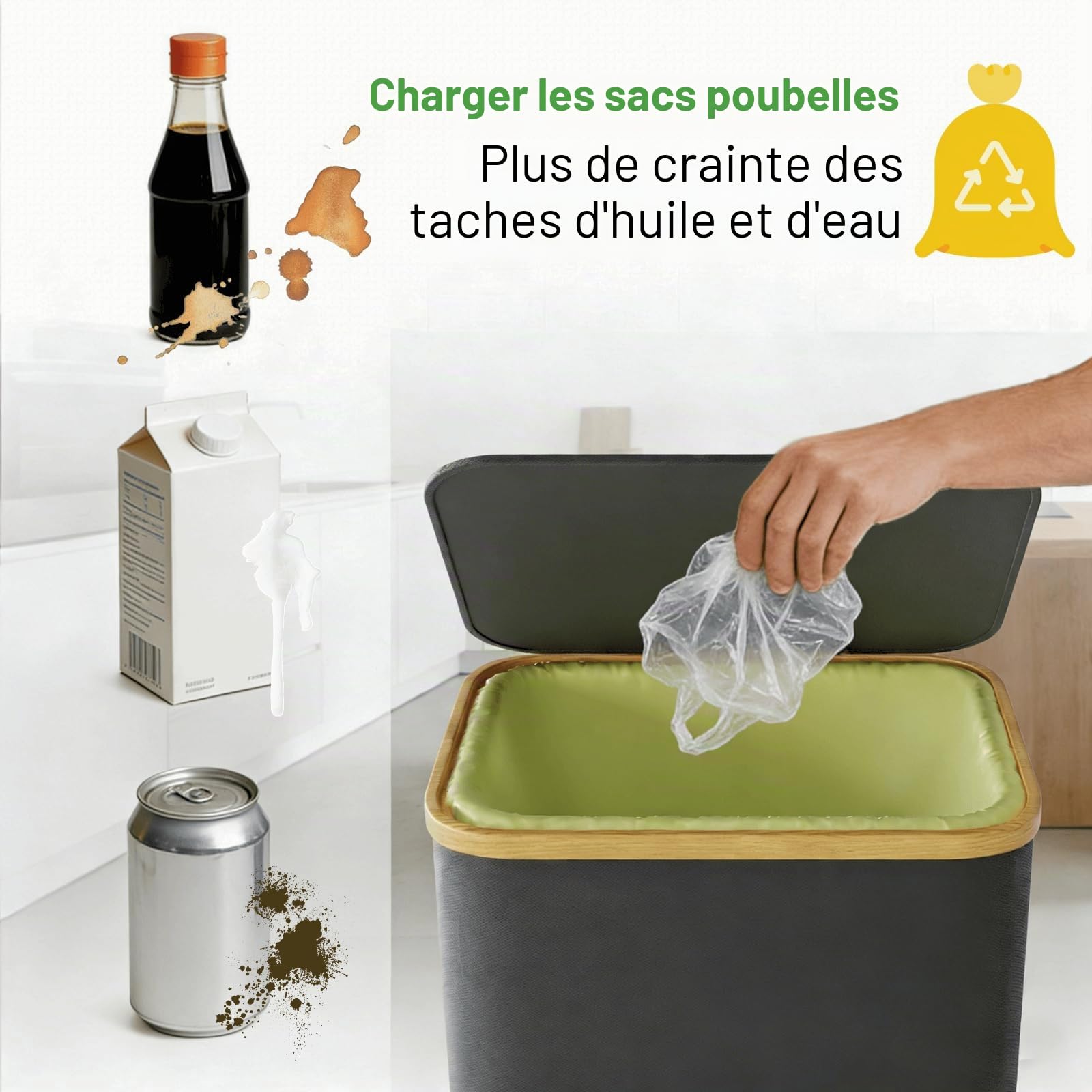 RMAN® 2 × 100L Support sac poubelle avec couvercle - poubelle tri selectif - conception à ouverture arrière - avec 10 pcs 90L sac poubelle jaune pour maison et cuisine, extra robuste et stable