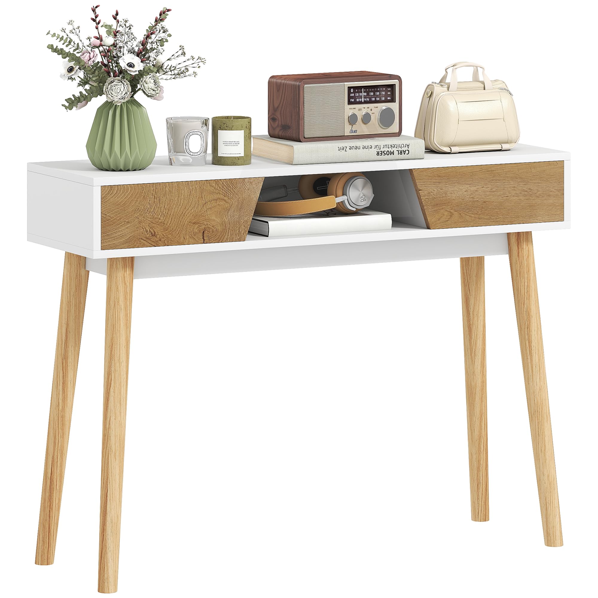 HOMCOM Tavolo da consolle stretto per corridoio e ingresso tavolo da divano moderno con 2 cassetti, scomparto e gambe in legno, per corridoio, ingresso soggiorno, camera da letto, bianco