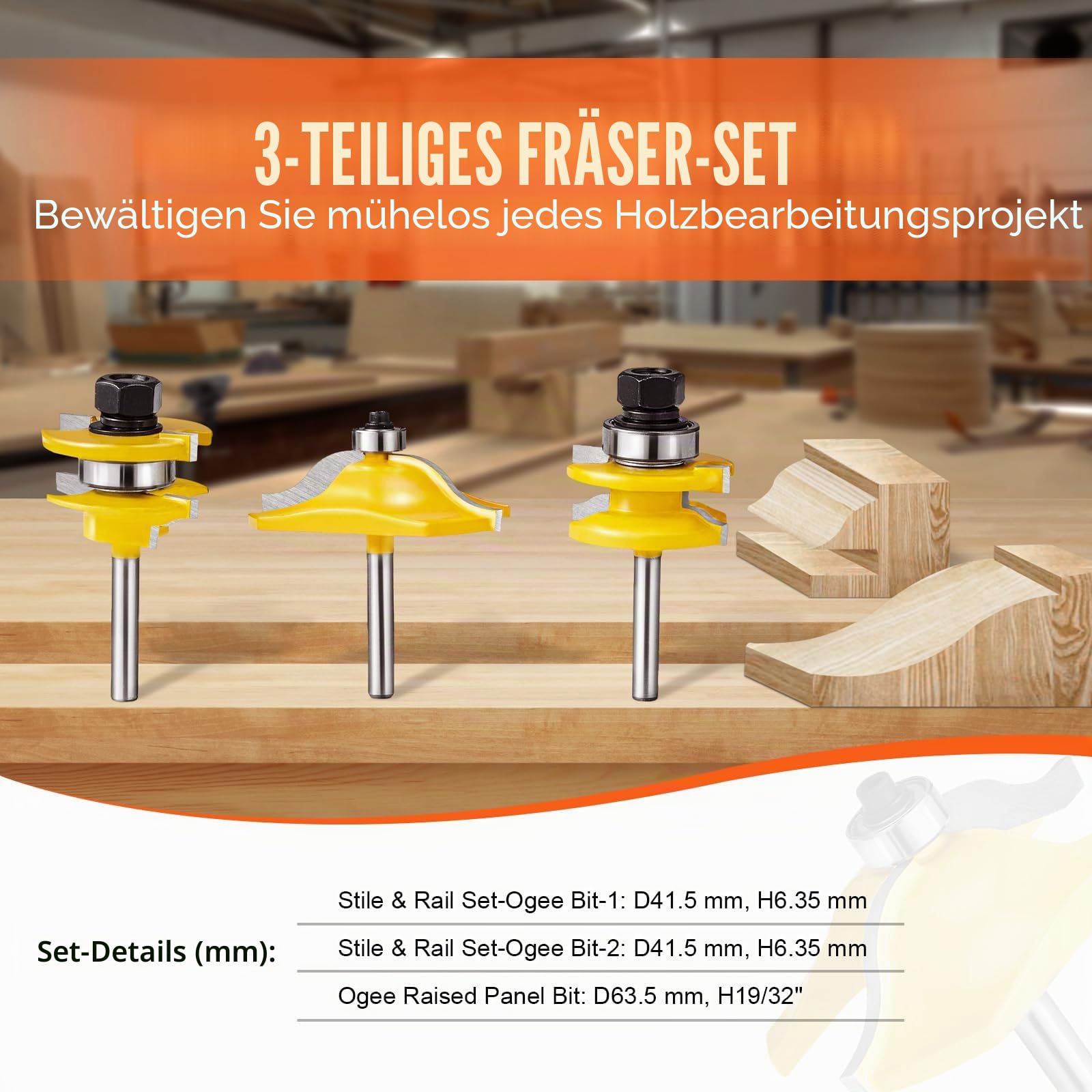 VEVOR Fräser-Trio, 3-teilig, langlebige Hartmetallspitzen, 1/4-Zoll-Schaft, inkl. Aufbewahrungskoffer aus Holz, ideal für Holzarbeiter aller Niveaus, geeignet für Holz, MDF, Spanplatten und Sperrholz