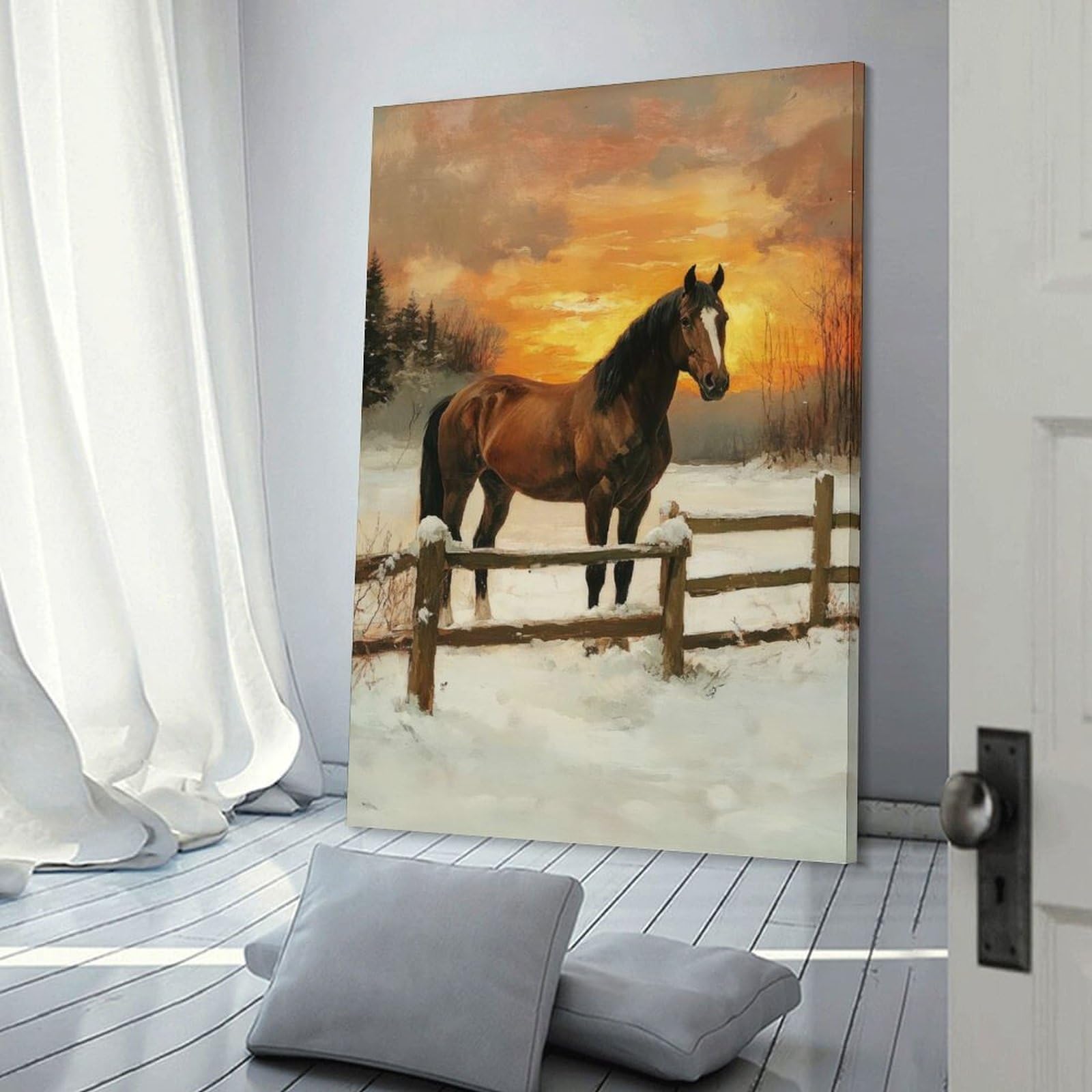 Junmoney Frame-Style-6 Horse In Winter Sunset Decorative Wall Artwork 16X24inch(40X60cm), For Corridors, Hallways Or Apartment Entries, Home Artwork For First Impressions