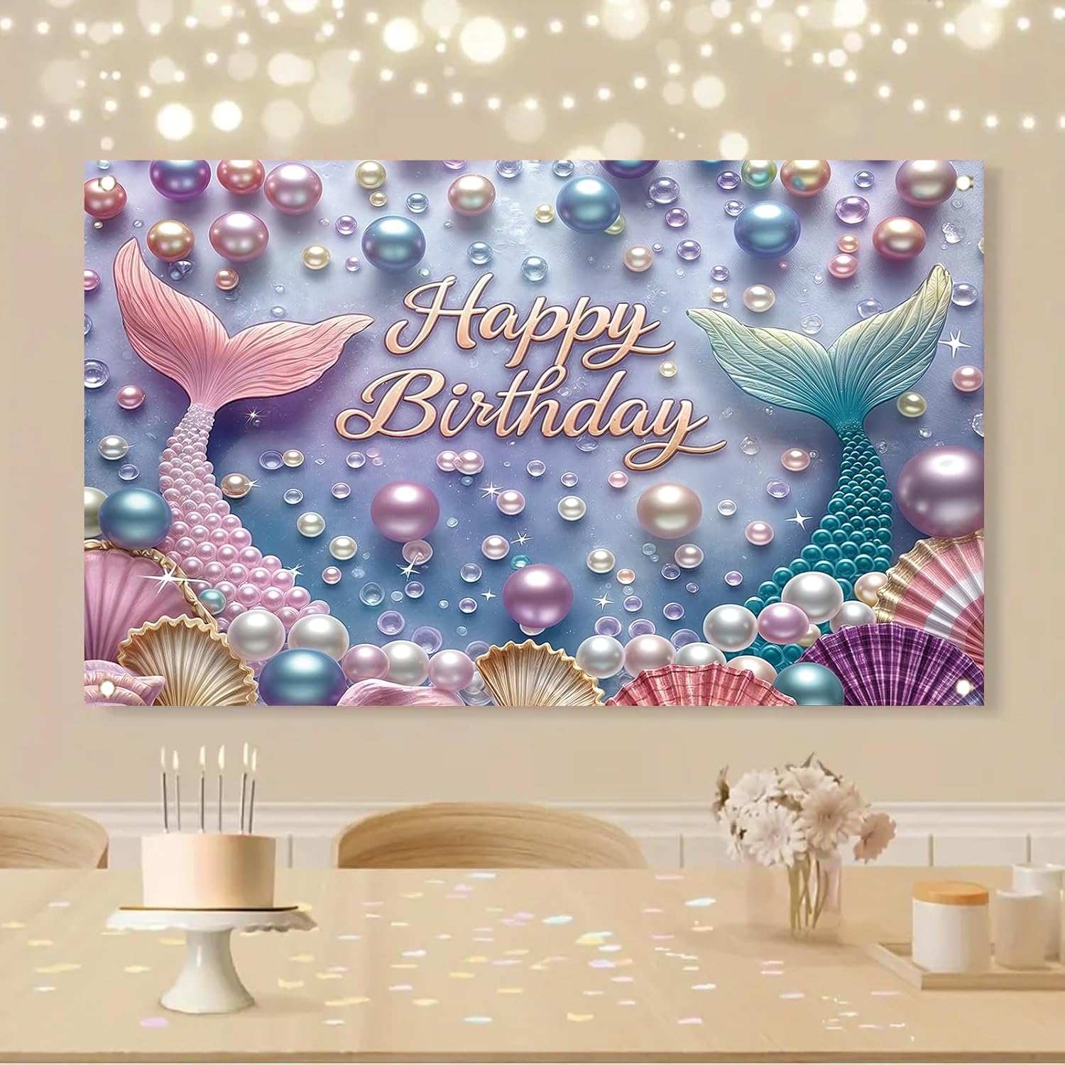 Mermaid Birthday Backdrop Under The Sea Mermaid Happy Birthday Banner Mermaid Tail Birthday Party Supplies Photography Background Party Decoration Photo Booth 71 x 43 Inch - Image 6