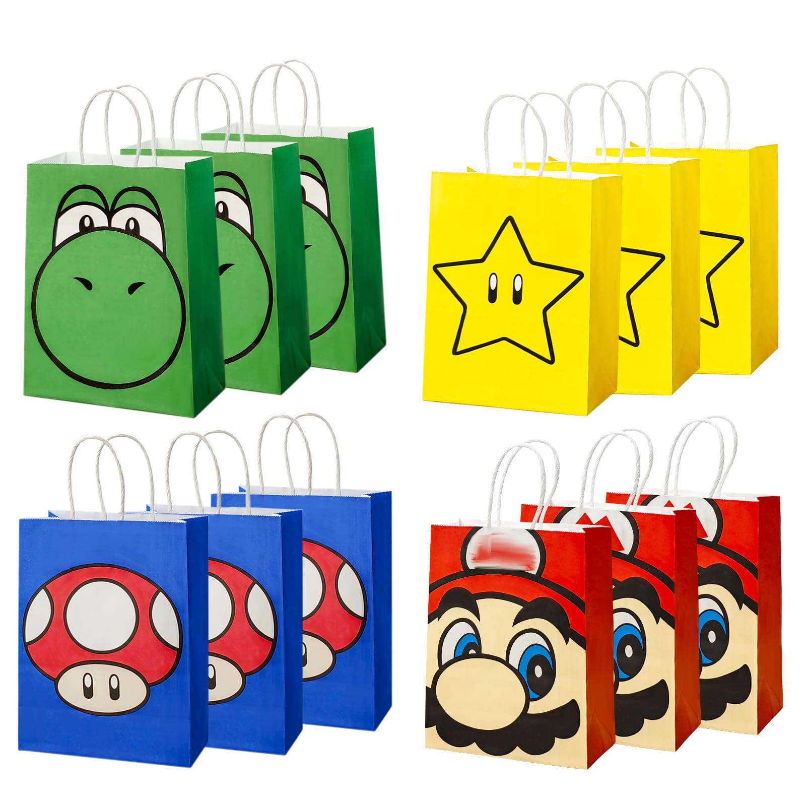 12 Pcs Cartoon Party Bags Paper, Sweets Party Bags Candy Paper Bags with Handle, Birthday Candy Bags for Kids, Super Bro Theme Party Supplies for Boys Girls Party Decoration