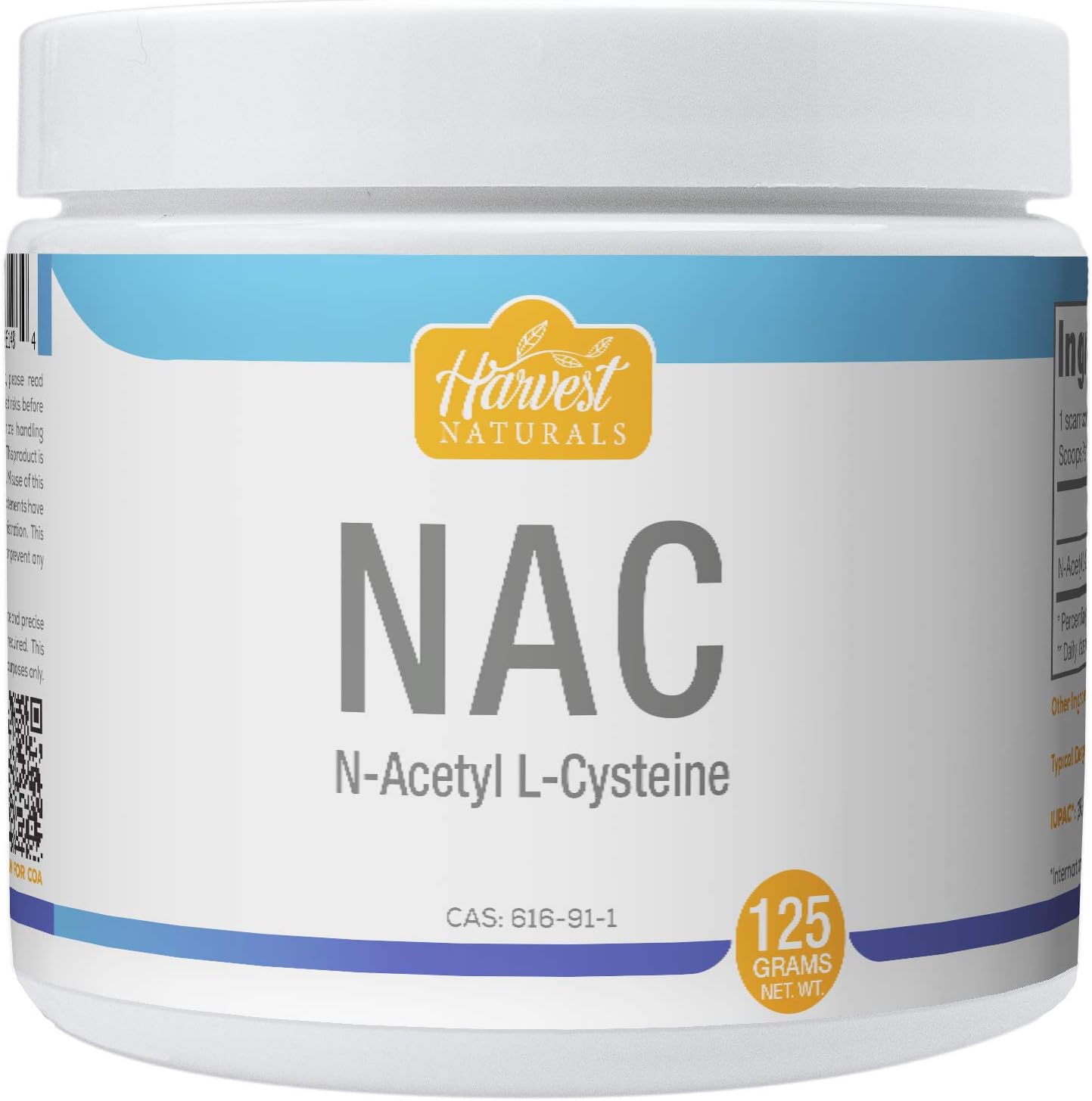 HARVEST NATURALS N-Acetyl L-Cysteine (NAC) - Powerful Antioxidant Precursor 125 Grams (4.4 oz)