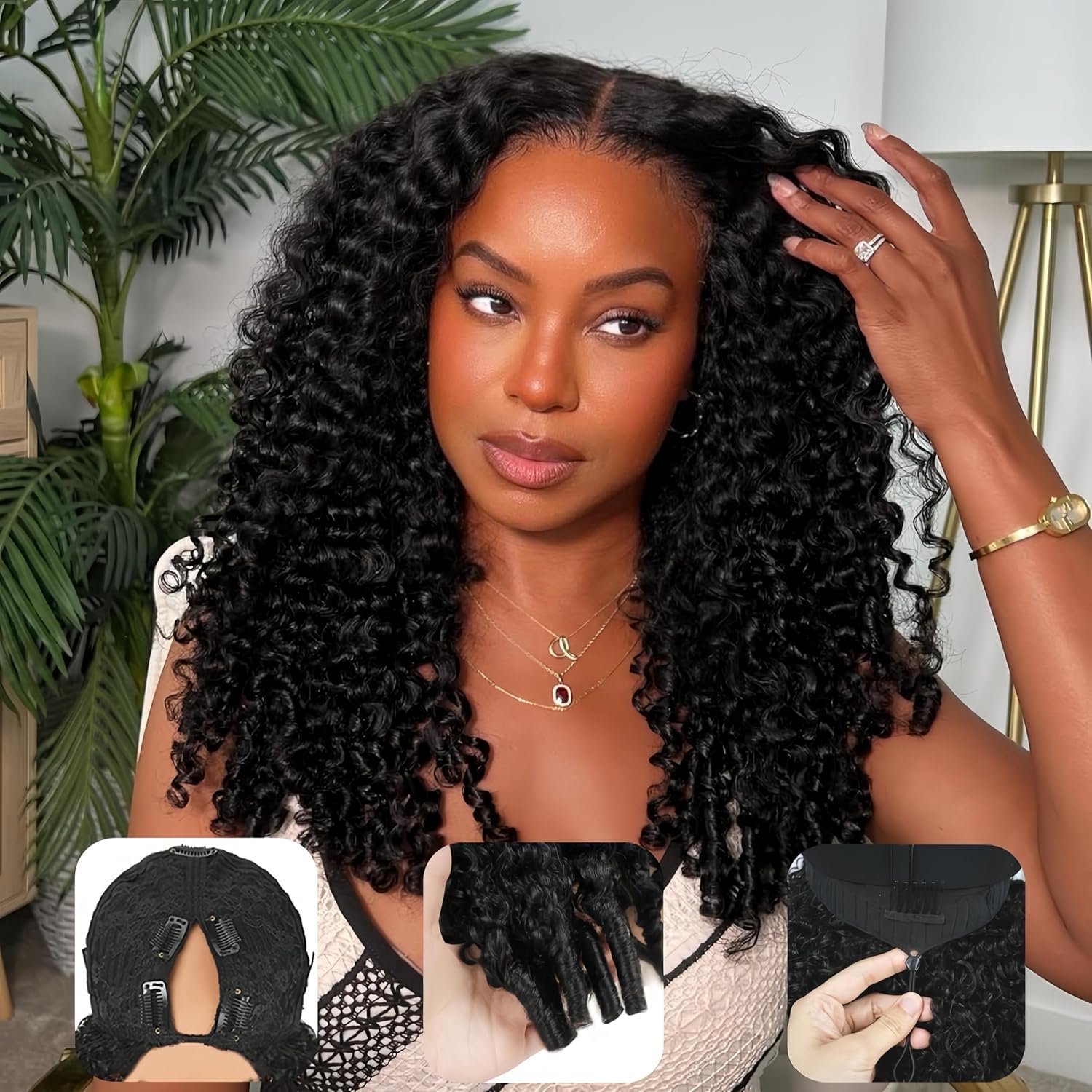 Pelucas Mujer Pelo Natural Humano Burmese Kinky Curly v Part Wig Human Hair Glueless 16 Pulgadas