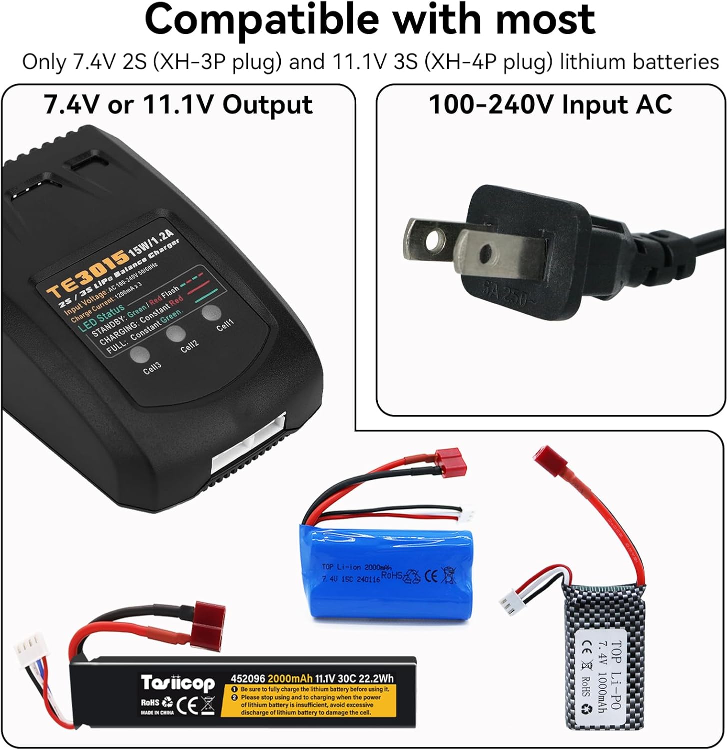 LiPo Battery Charger - 2S 3S RC Batteries Balance Chargers AC 7.4-11.1V 15W 1.2A with XH3P XH4P Plug for RC Car LiPo Battery Boat Airplane Truck Quadcopter Airsoft SCX24 SCX10
