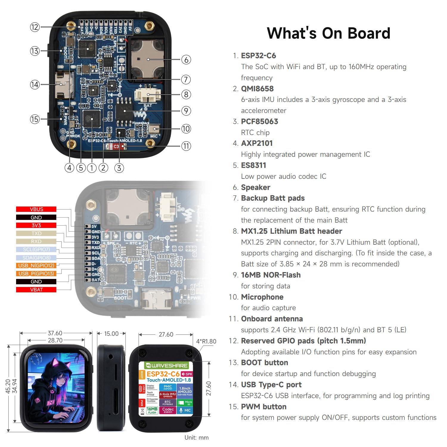 Waveshare ESP32-C6 1.8inch Touch AMOLED Display Development Board, 368 × 448 Resolution, Supports Wi-F 6, BLE 5 and Zigbee,No Batt